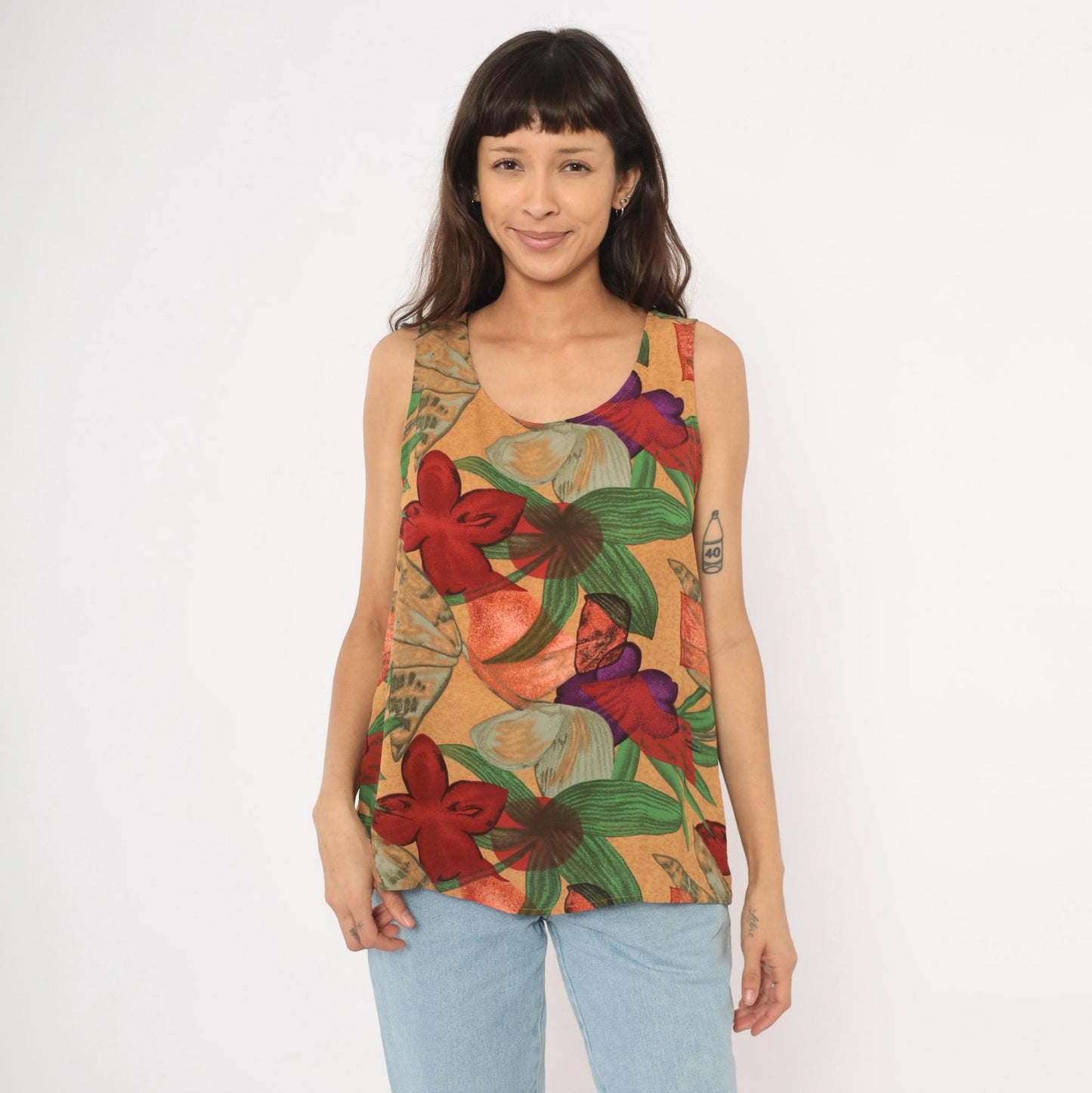90s Halston Floral Tank Top Tropical Print Sand Medium Large