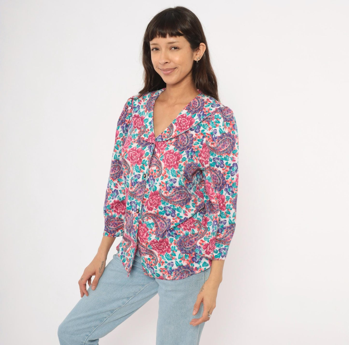 90s Worthington Floral Paisley Blouse Pink Teal Purple Three Quarter Sleeve Large L