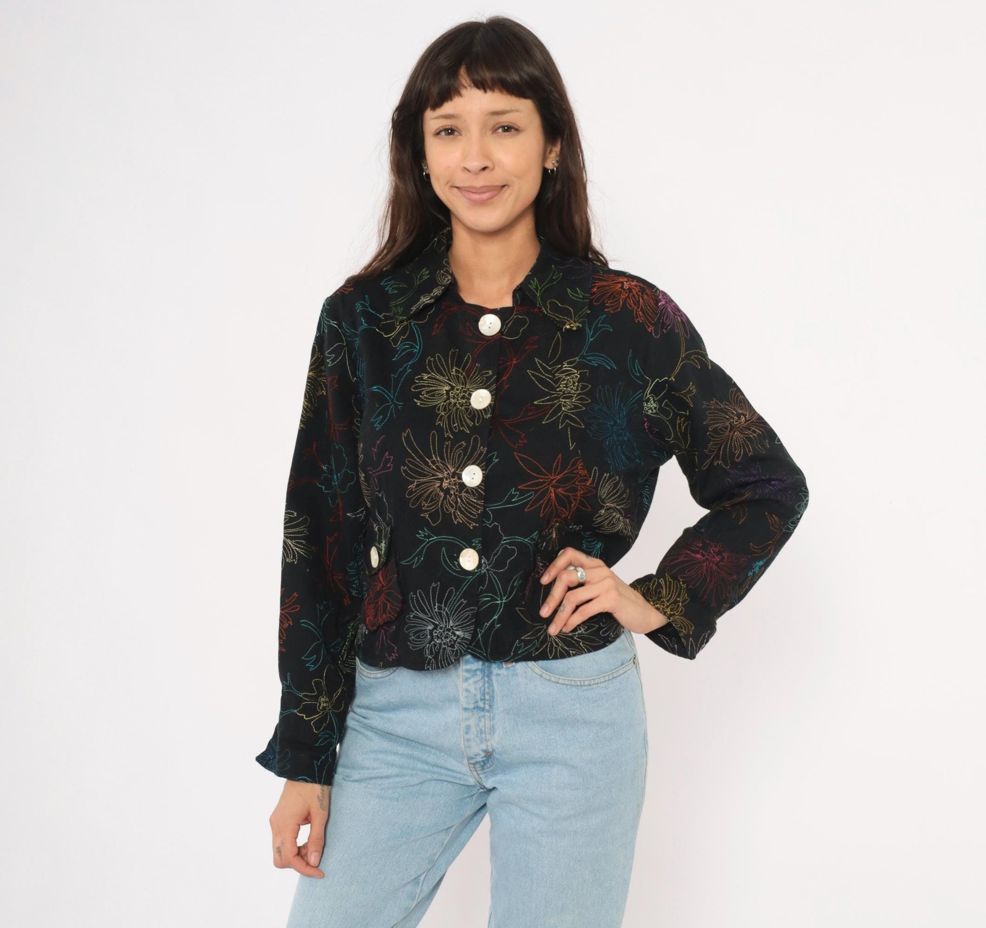 2000s Alex Kim Black Cropped Jacket Multicolor Floral Embroidery Large L