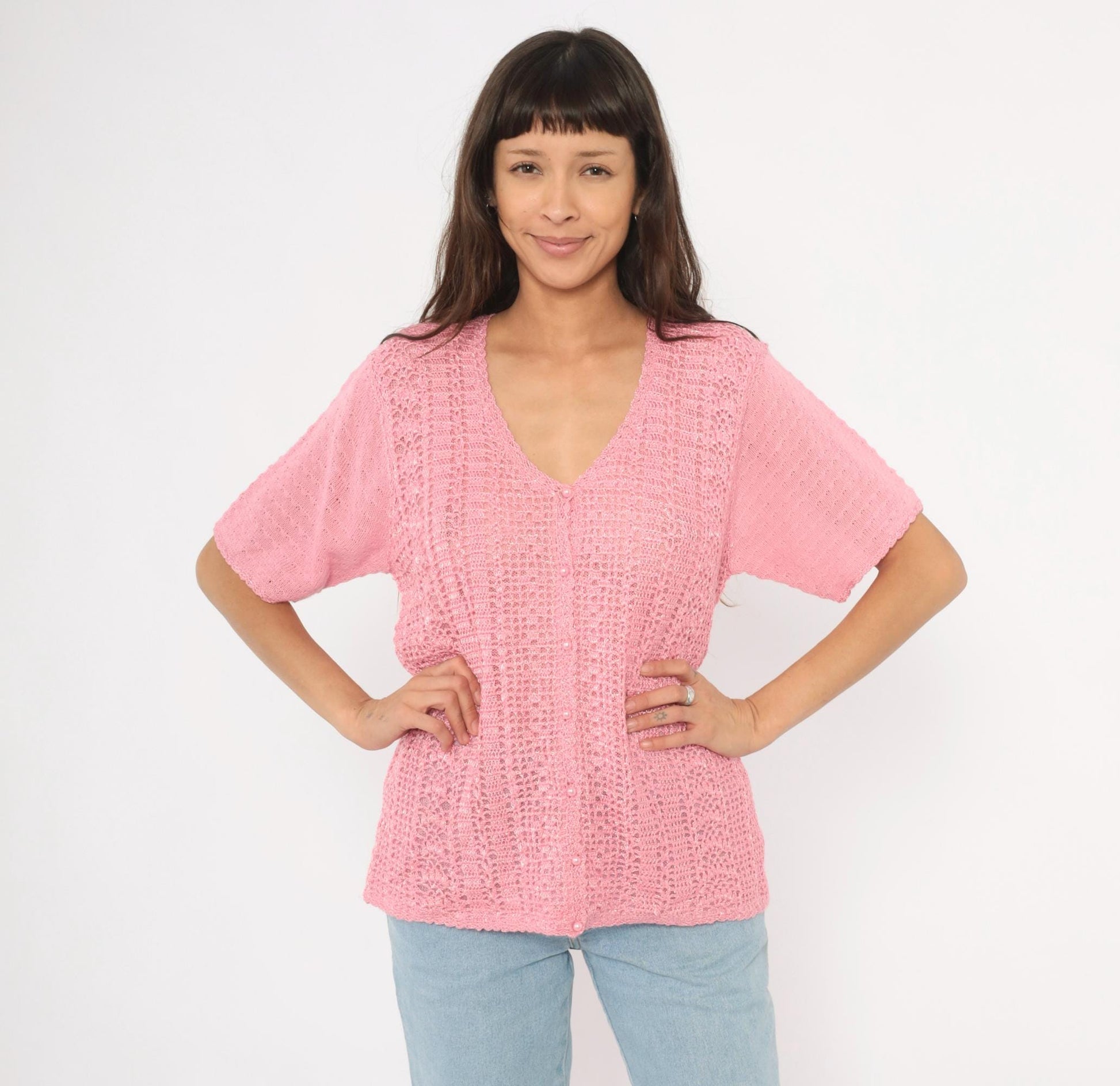 90s Jaclyn Smith Pink Crochet Cardigan V-Neck Scalloped Hem Large L
