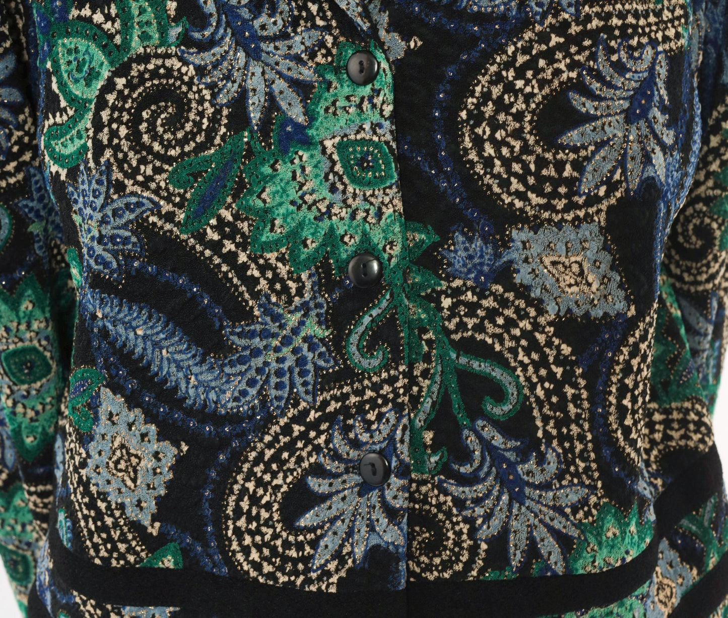 90s K Petite Paisley Blazer Emerald Green Navy Velvet Trim Cropped Large L