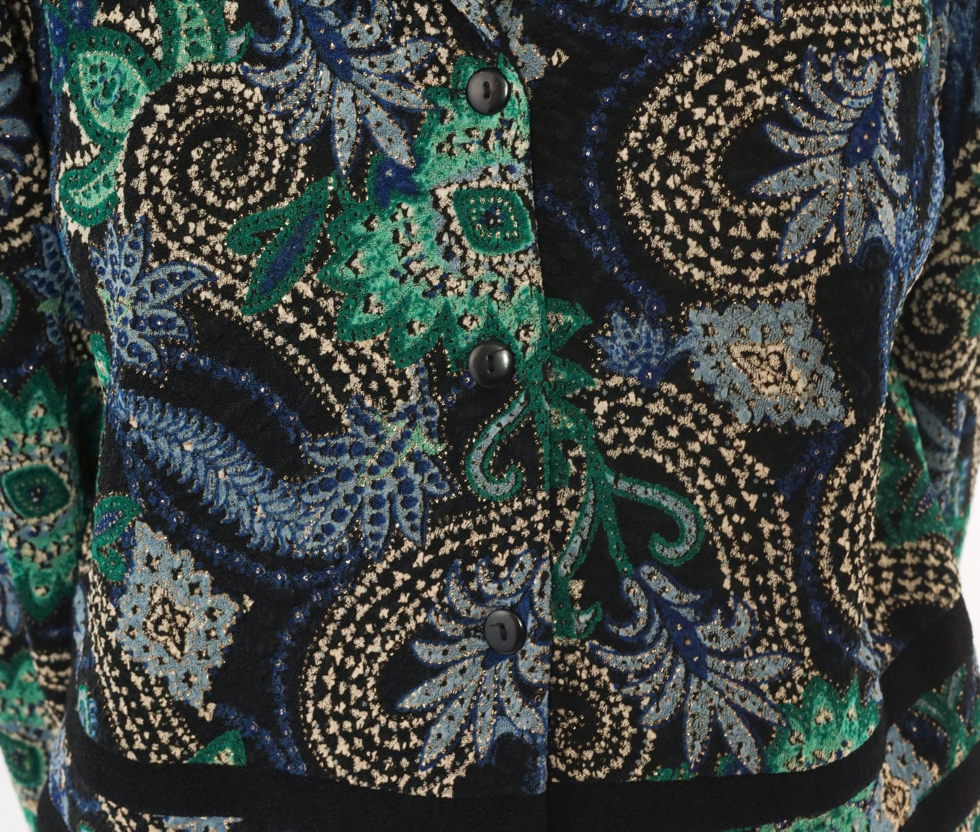 90s K Petite Paisley Blazer Emerald Green Navy Velvet Trim Cropped Large L