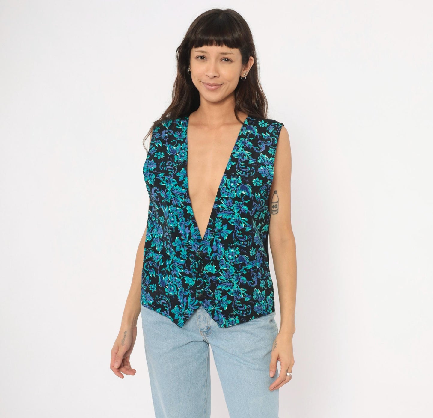 90s Floral Waistcoat Black Teal Purple Baroque Button Front Satin Back Medium M
