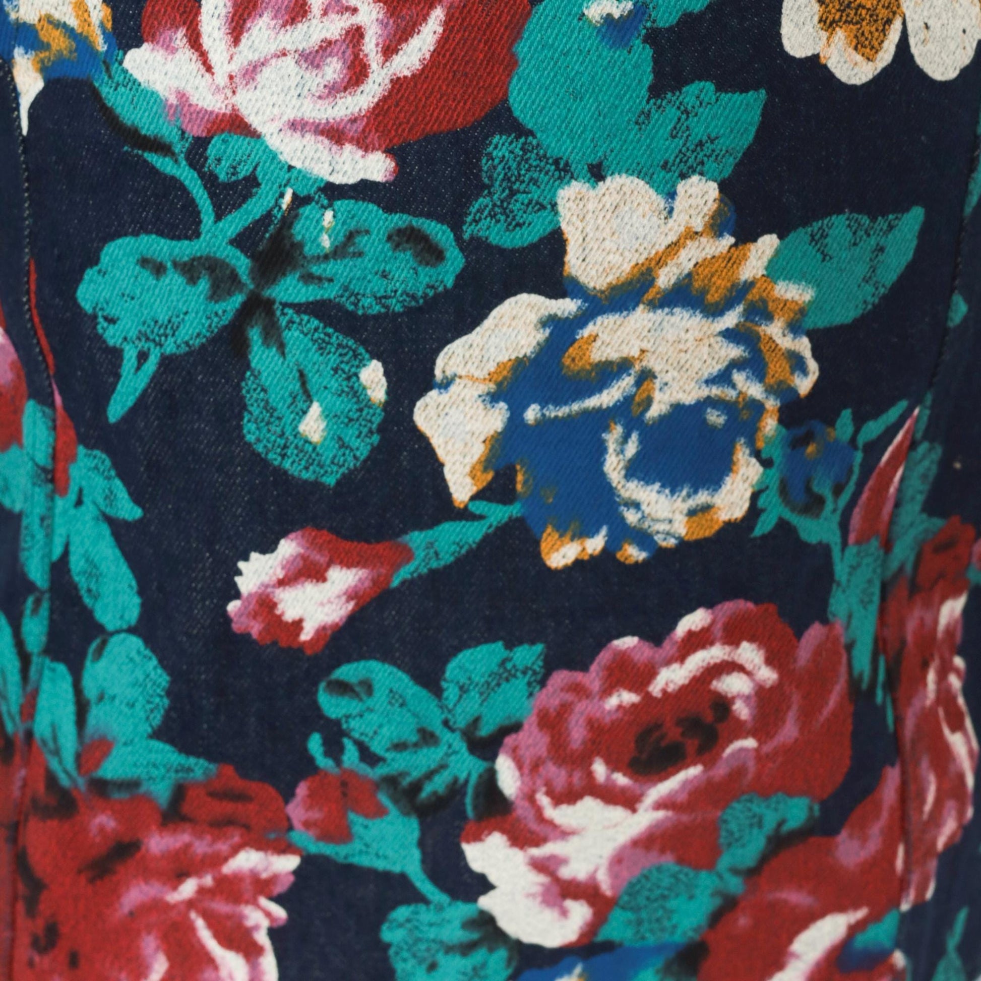 90s Tru-West Floral Denim Vest Navy Rose Teal V-Neck Pointed Hem Extra Small XS