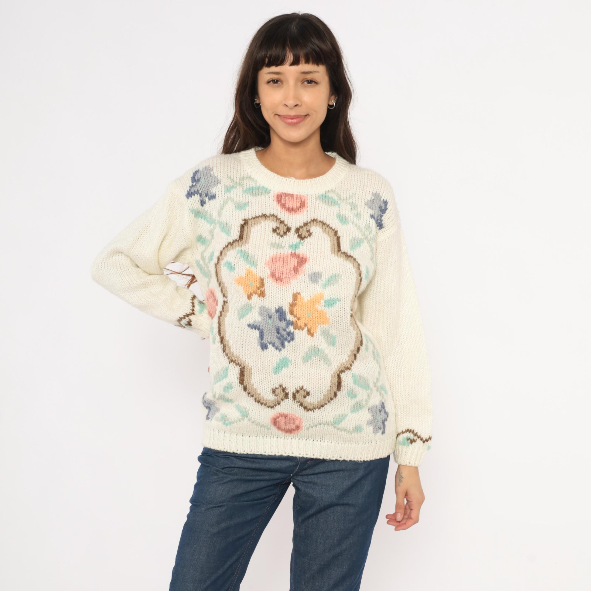 80s Partners by Mervyns Floral Intarsia Knit Crewneck Cream Pink Small