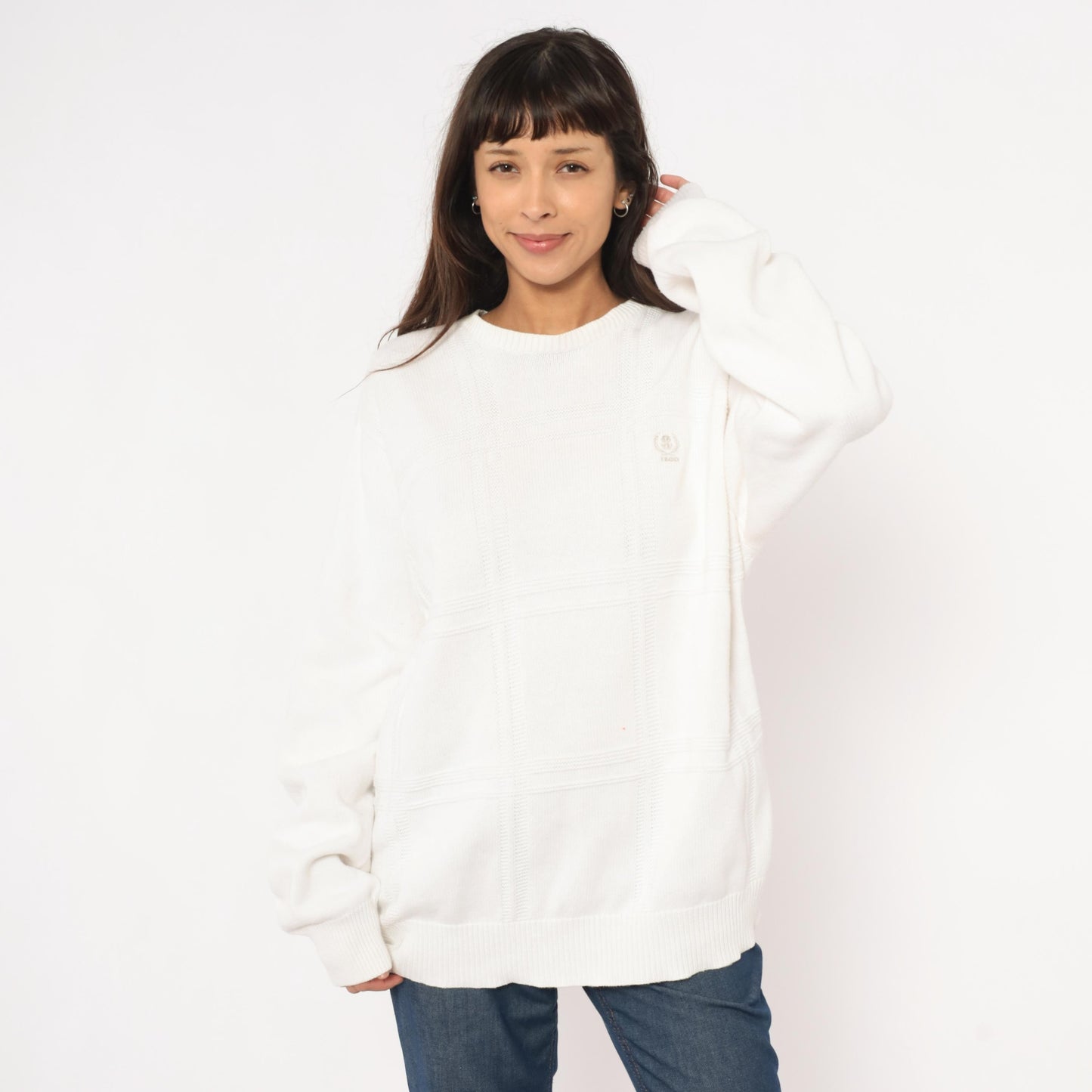 90s Izod Cotton Crewneck Sweater White Windowpane Grid Knit Large L