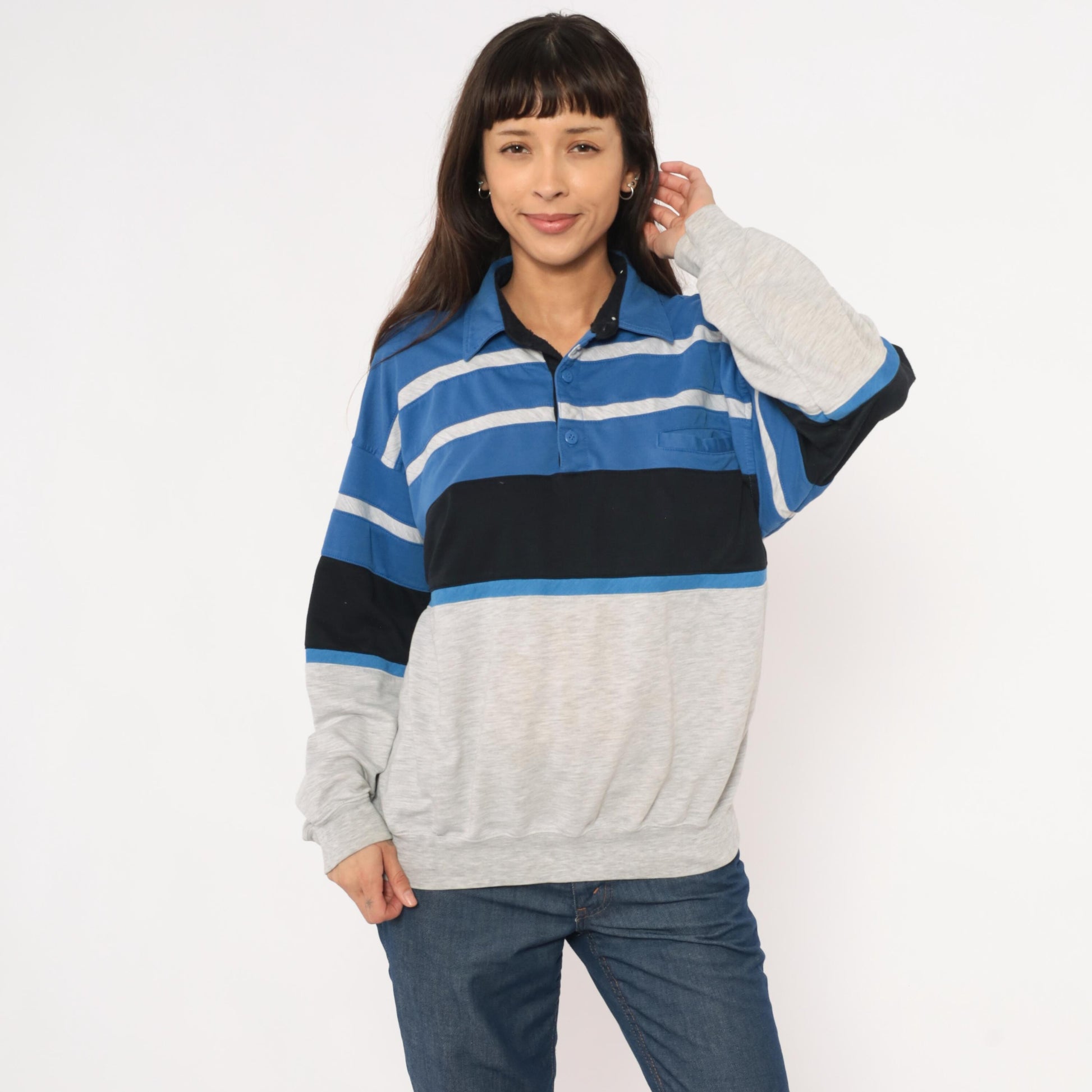 80s Knightsbridge Color Block Polo Sweatshirt Blue Striped Grey Small