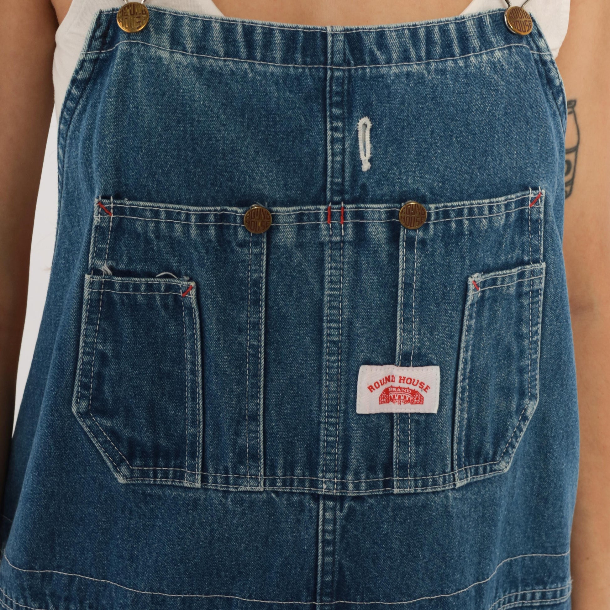 Y2K Roundhouse Denim Bib Overalls Medium Wash Blue Cotton Carpenter 50x30