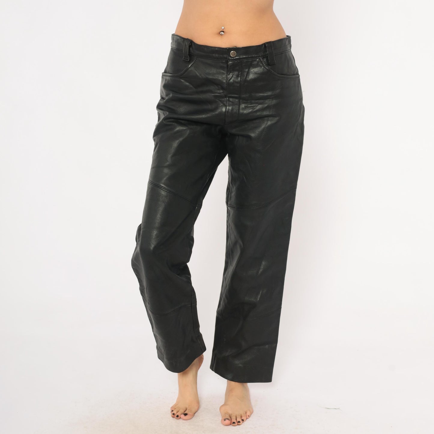 90s Berman's Black Leather Pants Straight Leg Moto Paneled Medium M