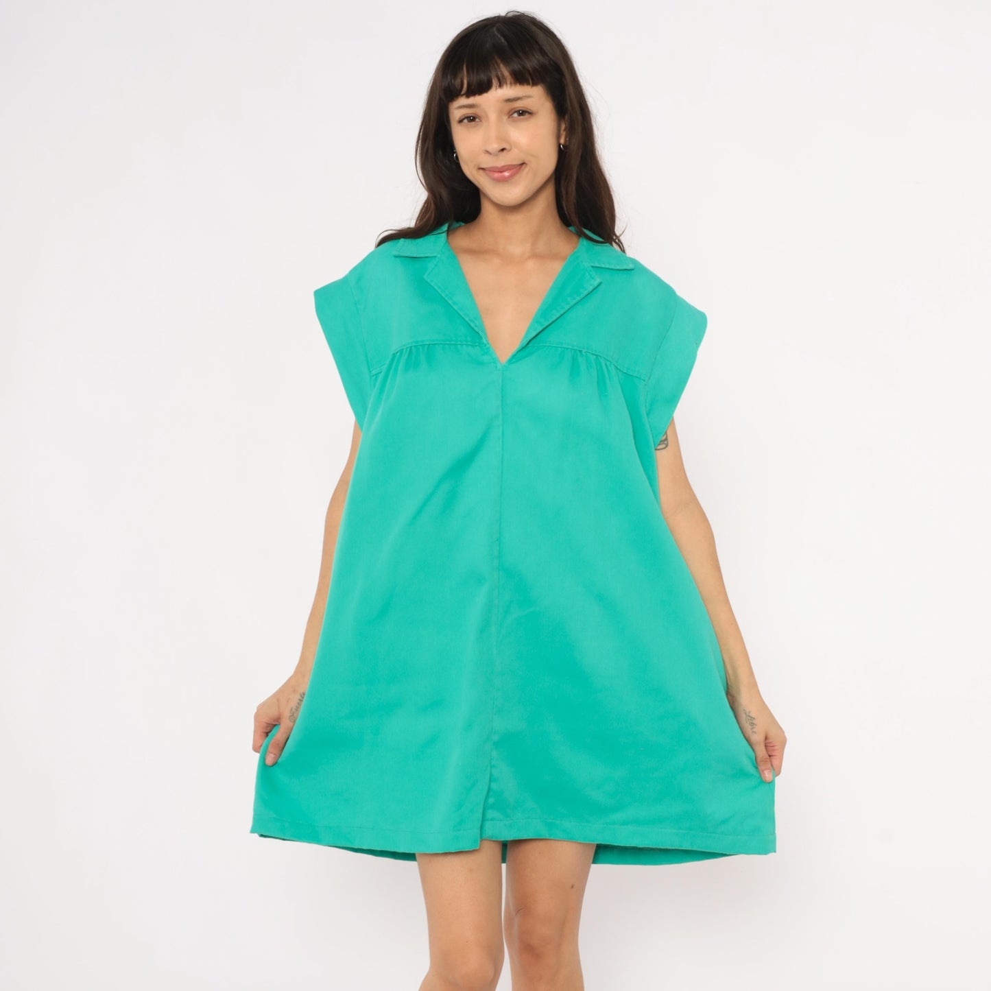70s Truly Yours Teal Shift Dress Cap Sleeve Mini Cotton Aqua Large XL