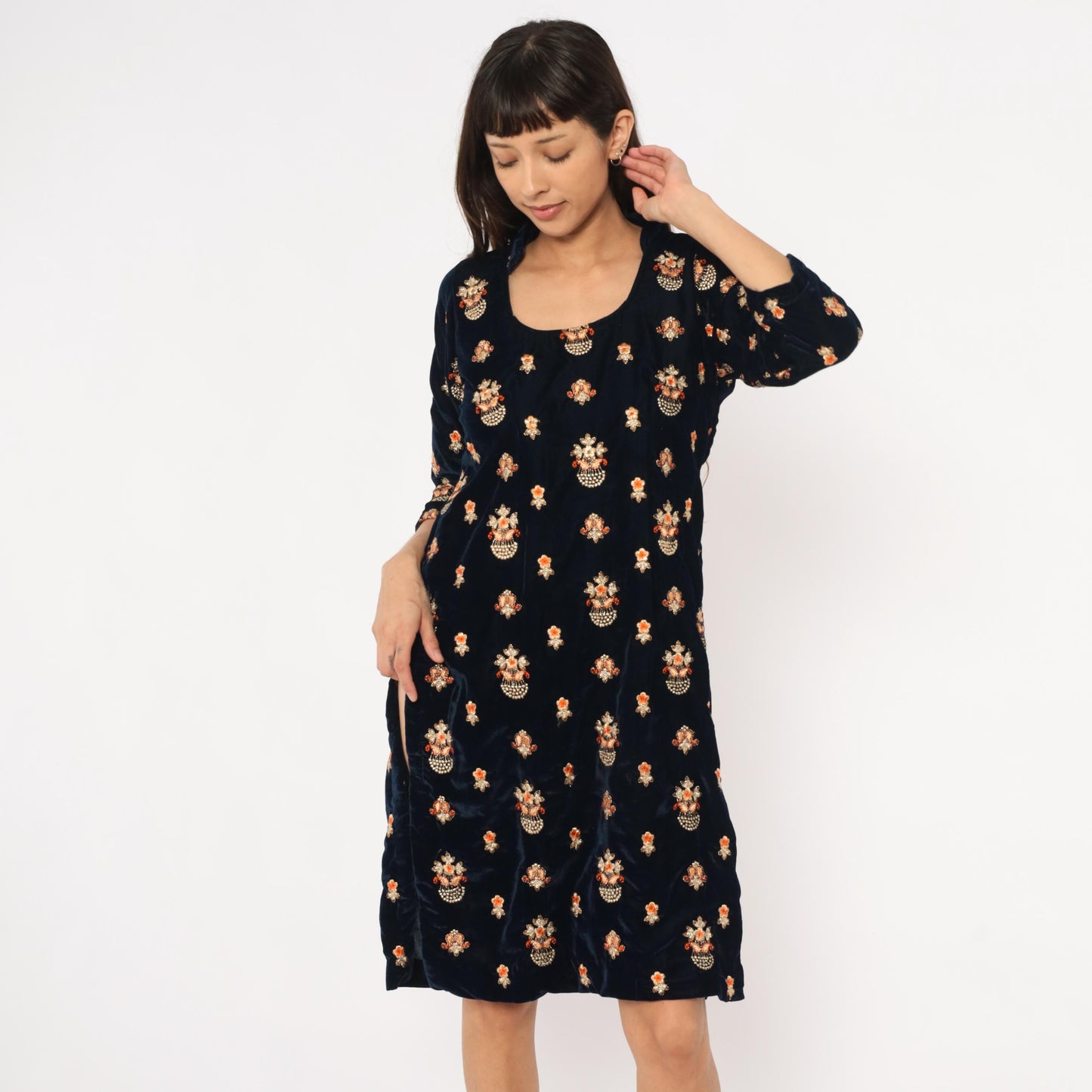 90s Navy Velvet Shift Dress Embroidered Floral Beaded Gold Orange Medium