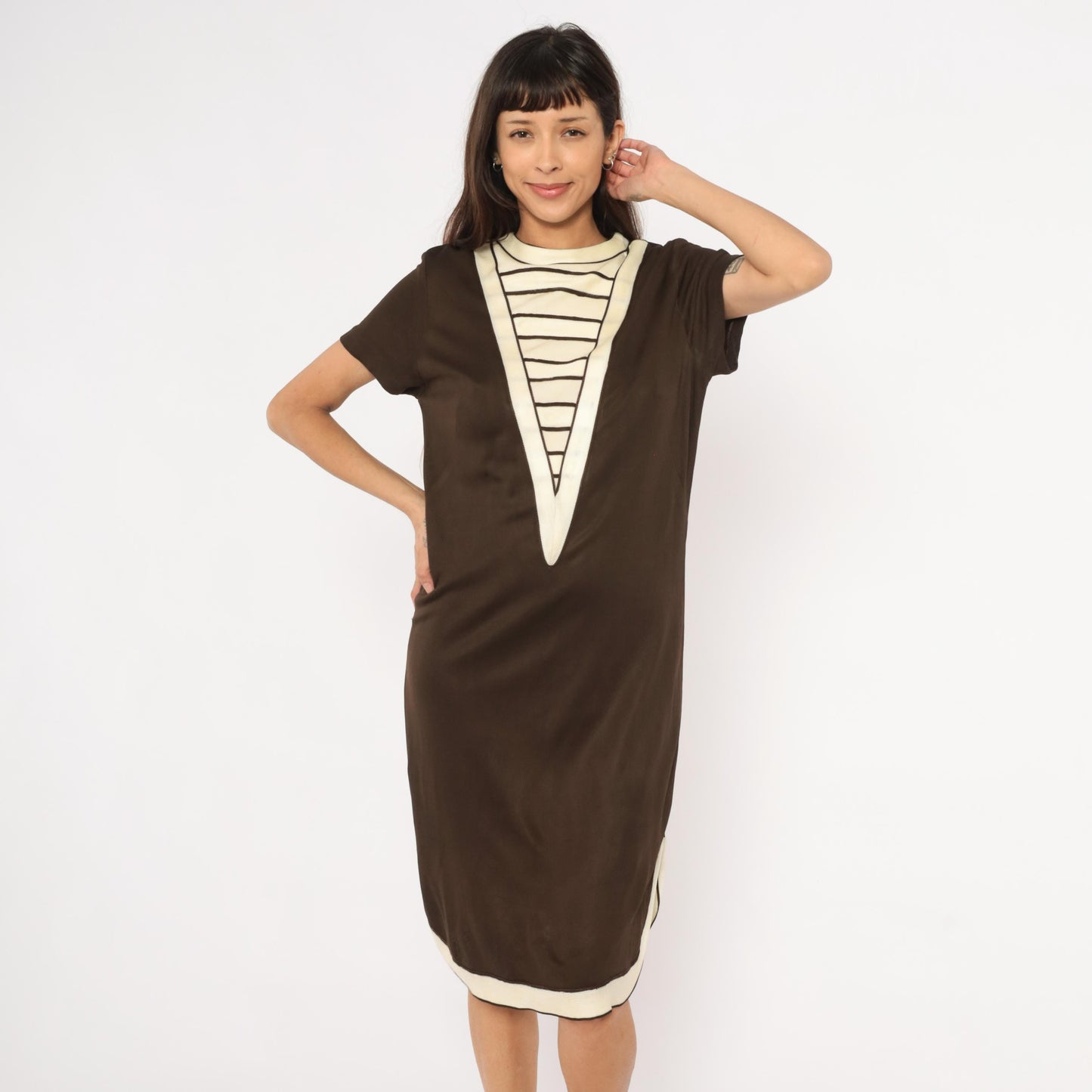 60s Mod Shift Dress Brown Cream Striped V Panel Short Sleeve Large L