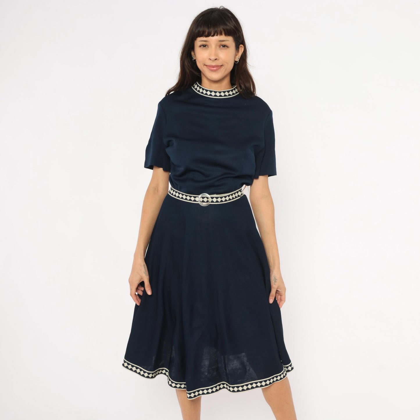 60s Marta D Navy A-Line Dress Cream Diamond Trim Belted Midi Large L