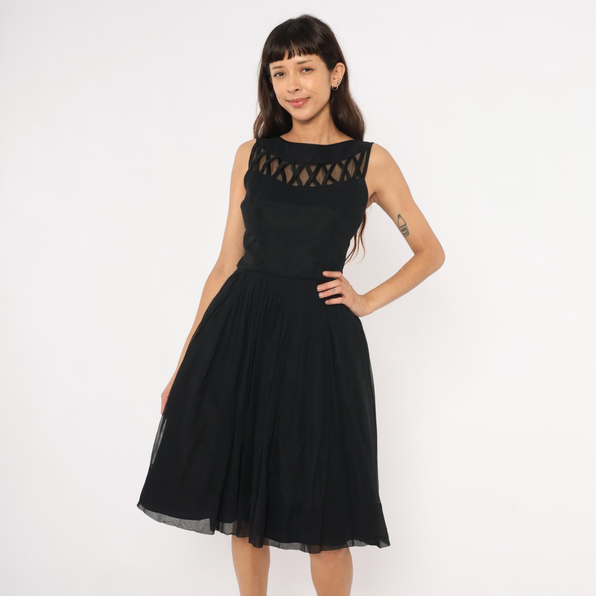 60s Black Chiffon Cocktail Dress Lattice Cutout Boat Neck Small