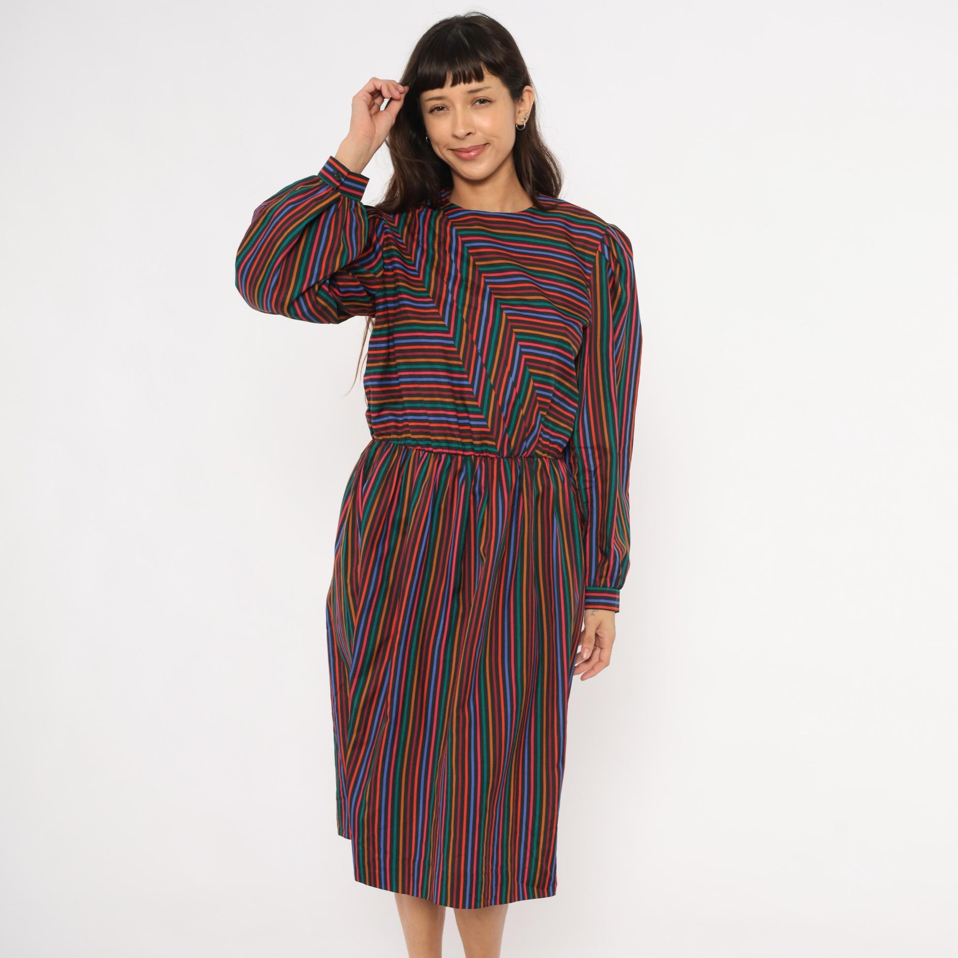 80s DW3 Multicolor Chevron Stripe Dress Puff Sleeve Gathered Waist Large