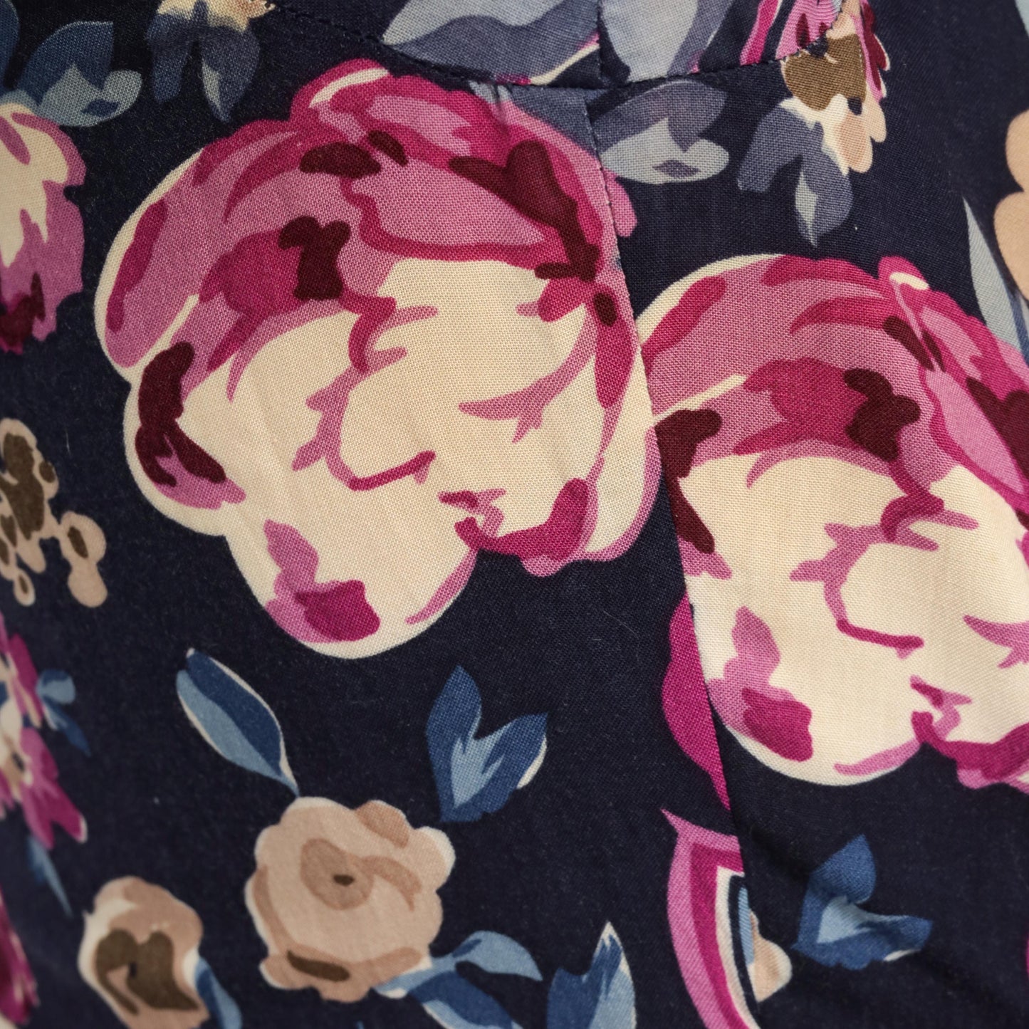 80s Karin Stevens Floral Midi Dress Navy Puff Sleeve Pleated Medium M
