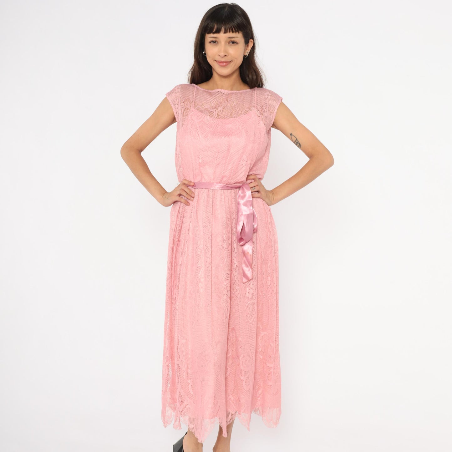 80s Rose Pink Lace Midi Dress Cap Sleeve Scalloped Hem Small S