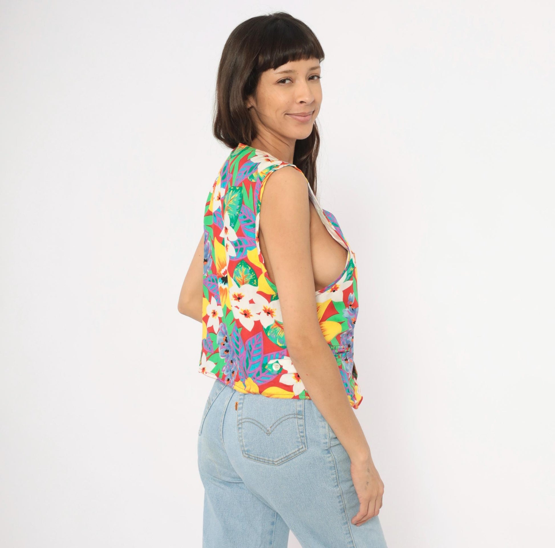 90s Lizwear Tropical Floral Vest Red Hibiscus Button Front V-Neck Medium M