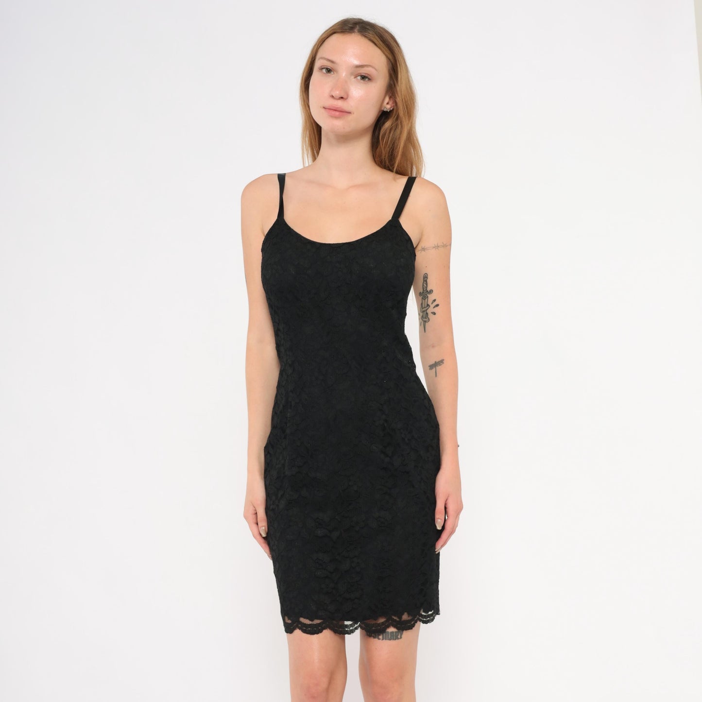 90s Julie Laurie Black Lace Slip Dress Scalloped Hem Spaghetti Strap Extra Small XS