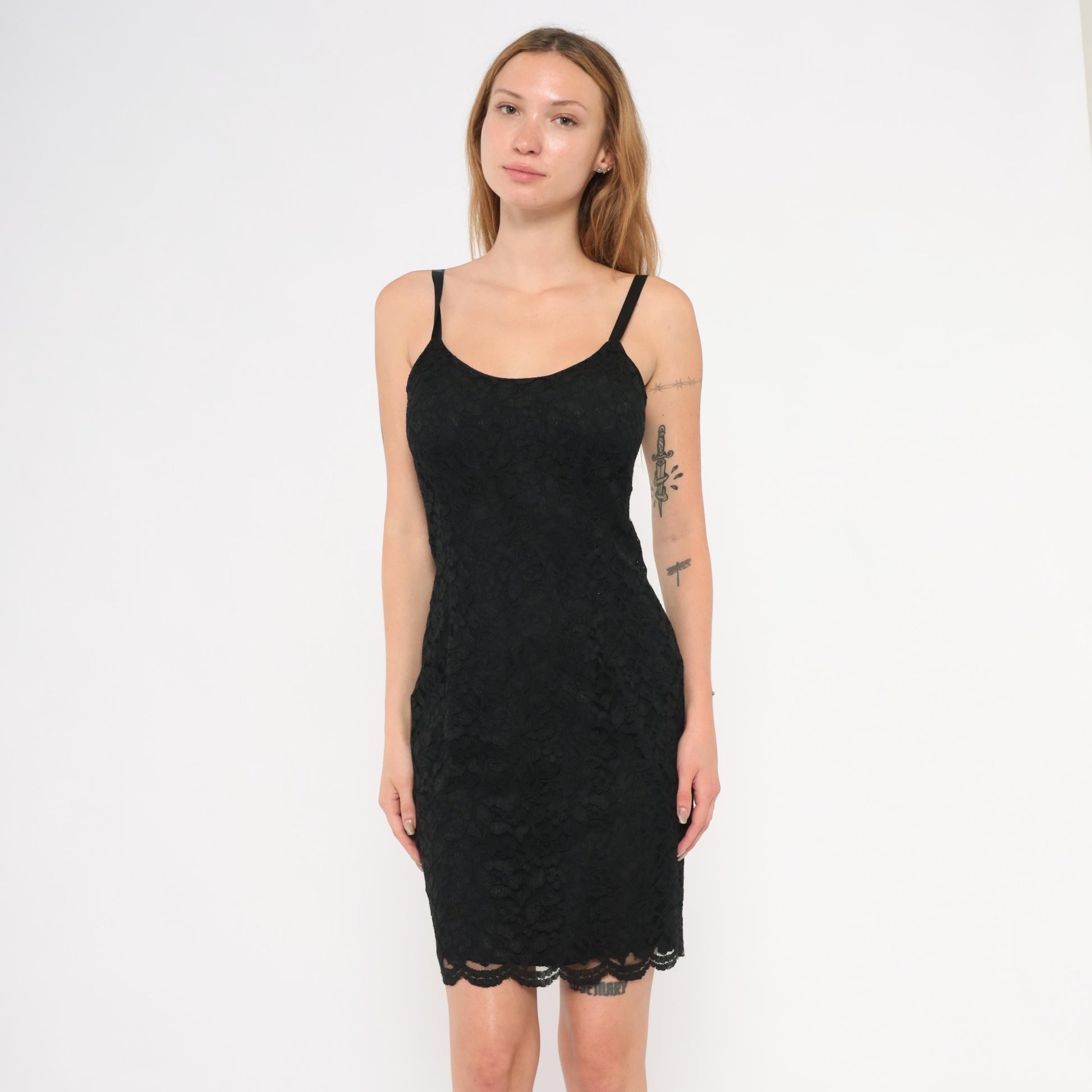 90s Julie Laurie Black Lace Slip Dress Scalloped Hem Spaghetti Strap Extra Small XS