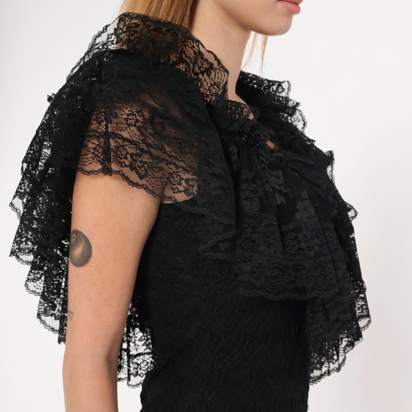 90s Lou Gene's Black Lace Dress Flutter Sleeve Open Back Knee-Length Small S