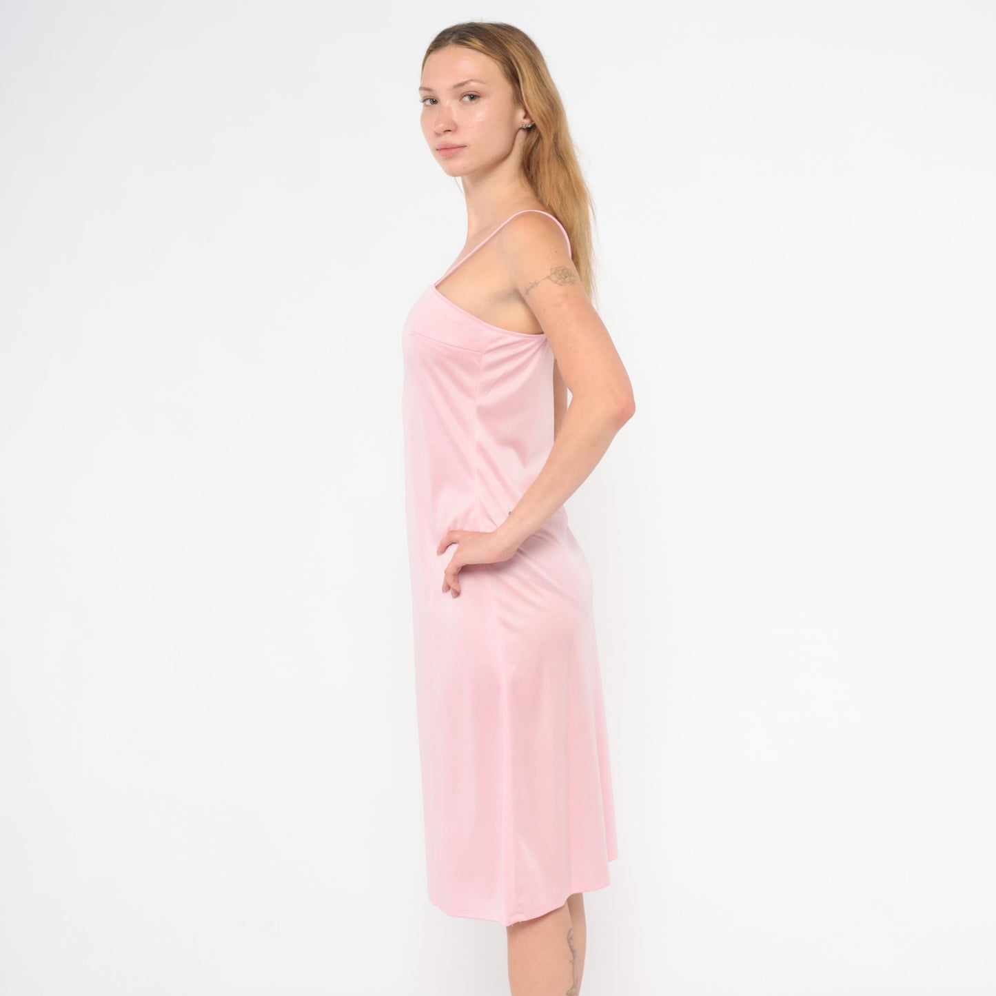 70s Blush Pink Satin Slip Dress Spaghetti Strap Knee-Length Small