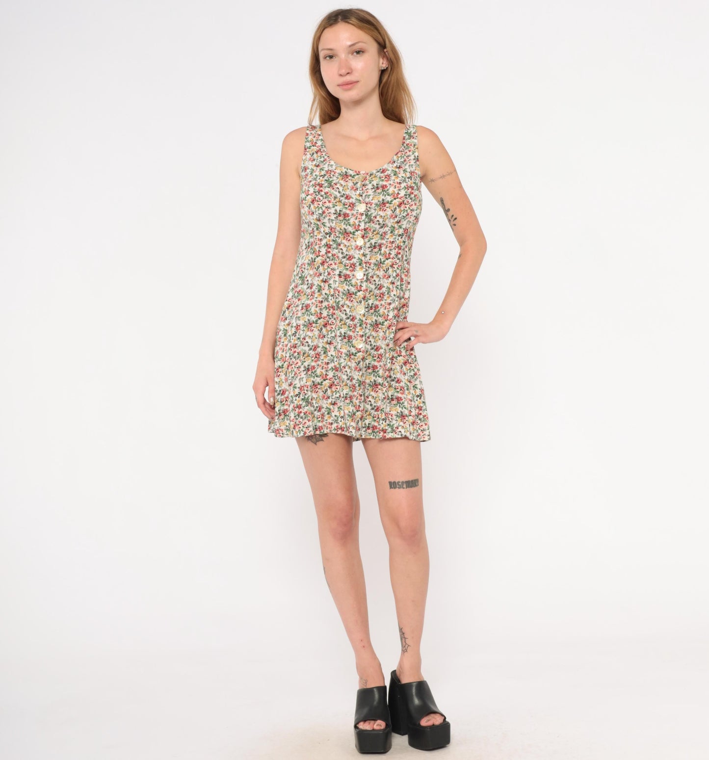90s ViaMax Floral Mini Dress Button Front Tank Cream Rose Print Small S