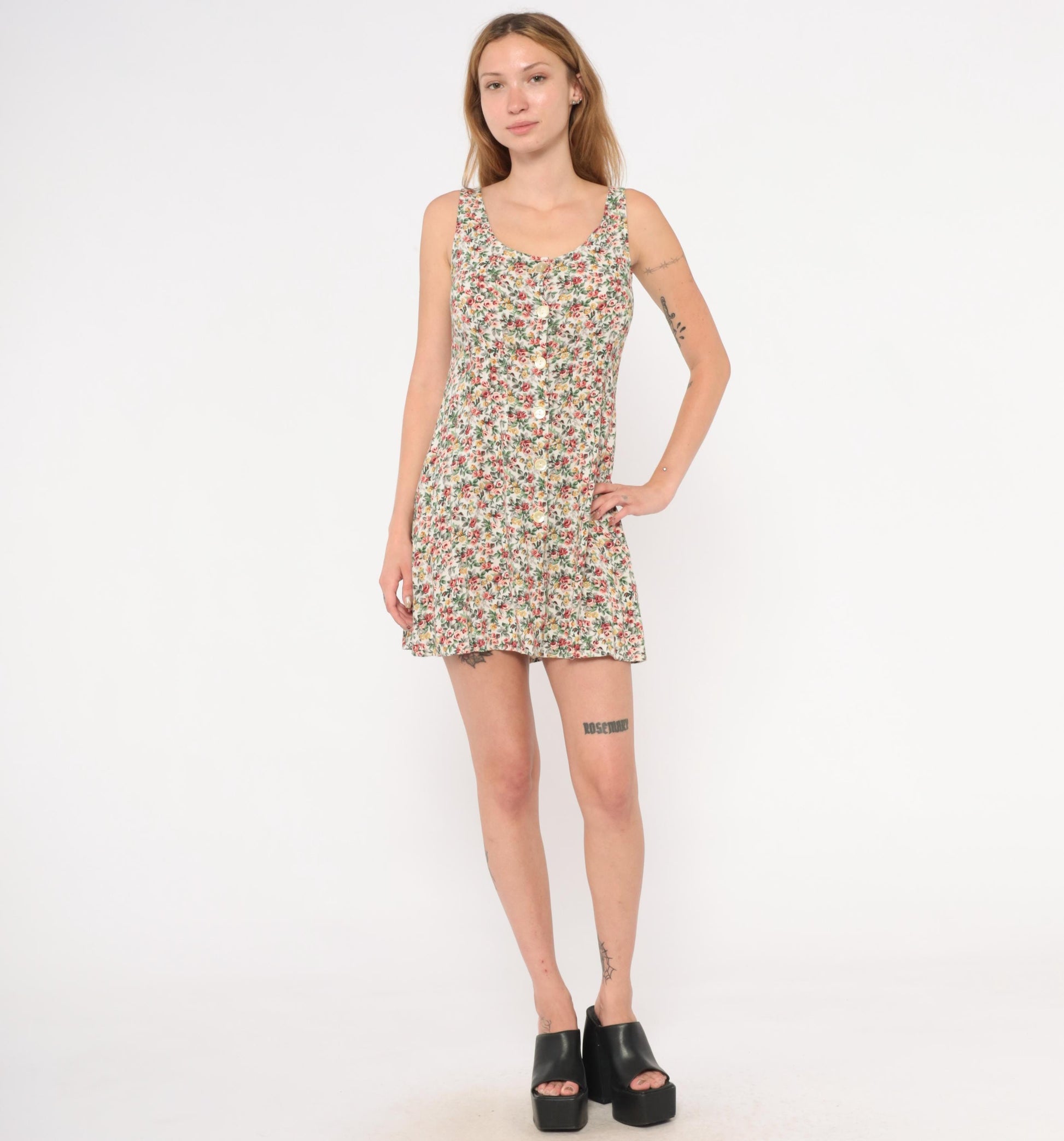 90s ViaMax Floral Mini Dress Button Front Tank Cream Rose Print Small S