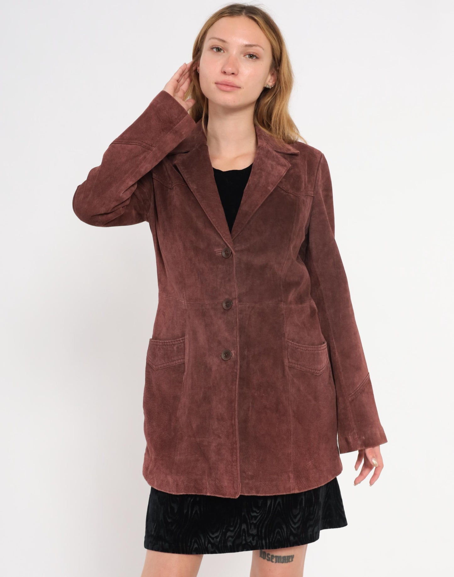 2000s Burgundy Leather Blazer Notched Lapel Long Line Small S