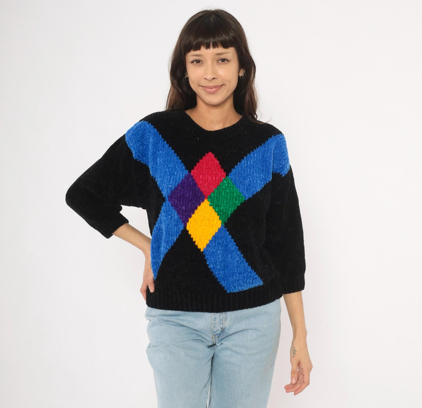 80s Cristina's Argyle Chenille Knit Pullover Black Multicolor Small