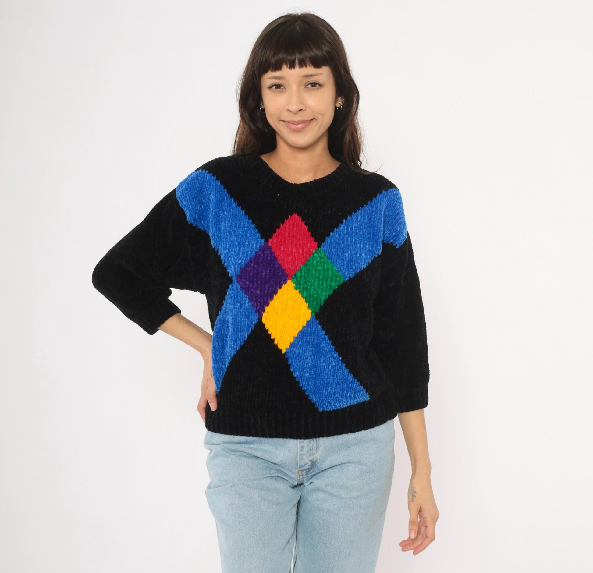 80s Cristina's Argyle Chenille Knit Pullover Black Multicolor Small