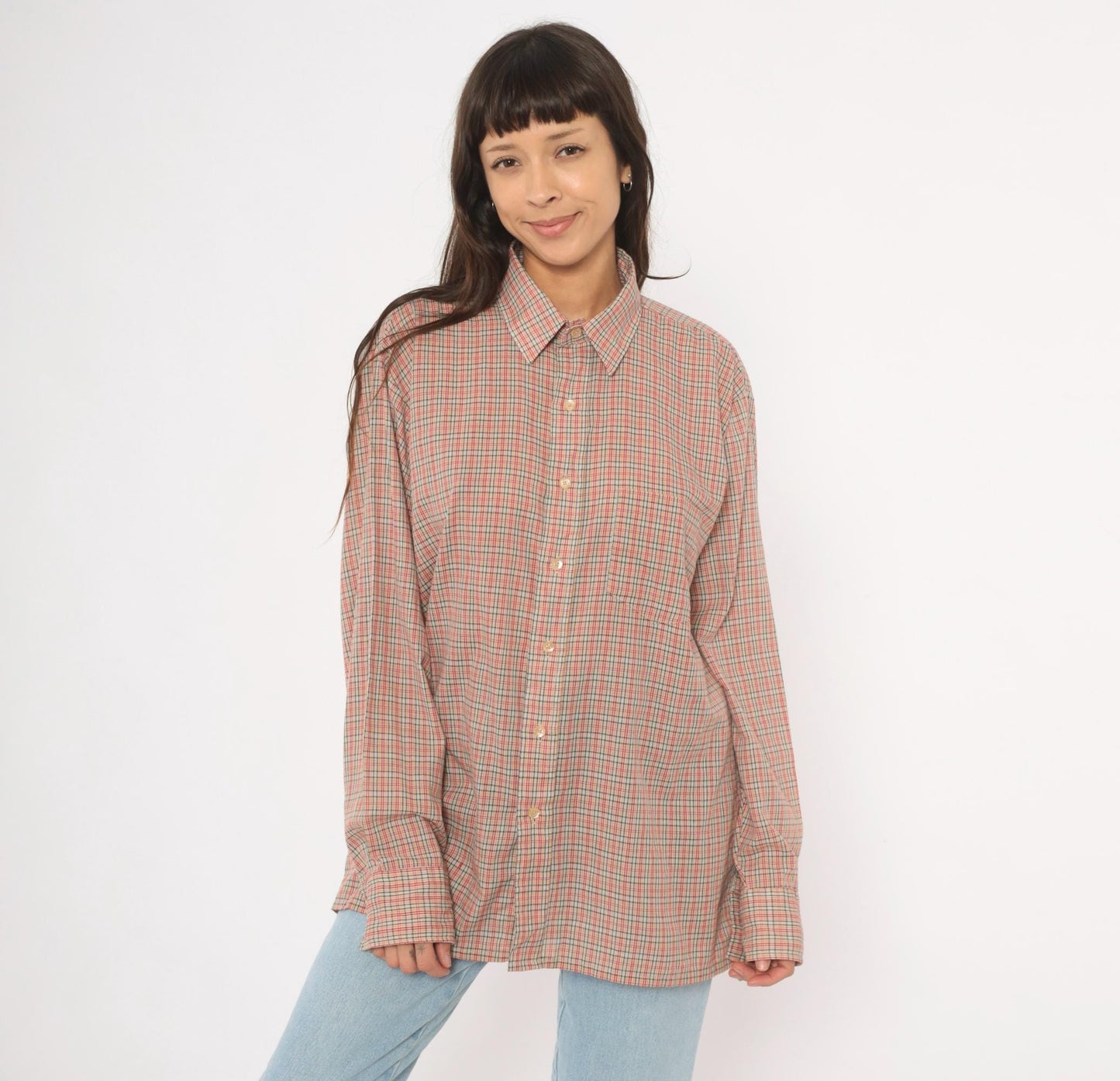 90s Plaid Button-Up Shirt Red Green Tan Check Cotton Point Collar Medium M