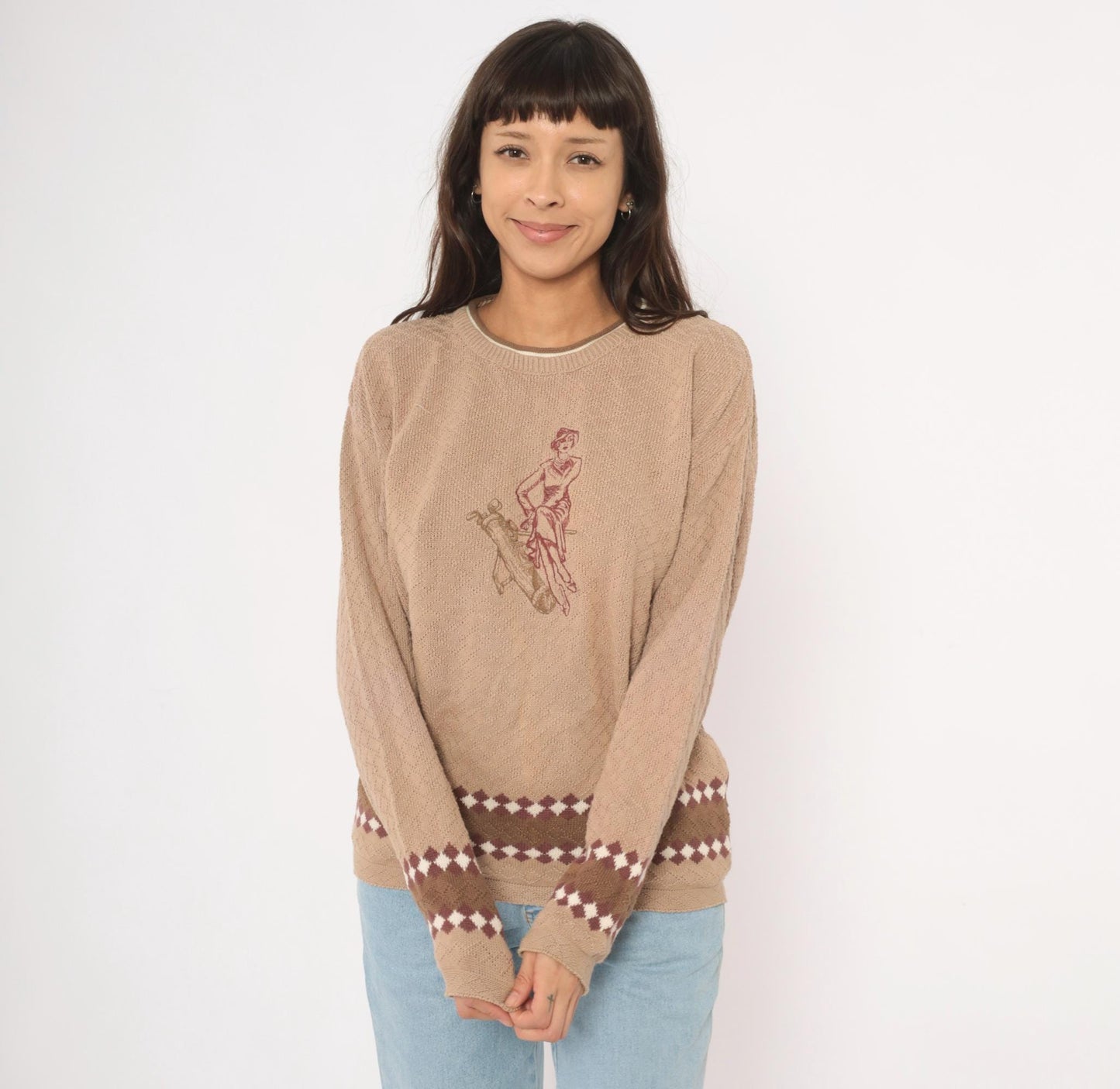 80s Pacific Coast Golf Embroidered Argyle Sweater Tan Crewneck Cotton Medium M