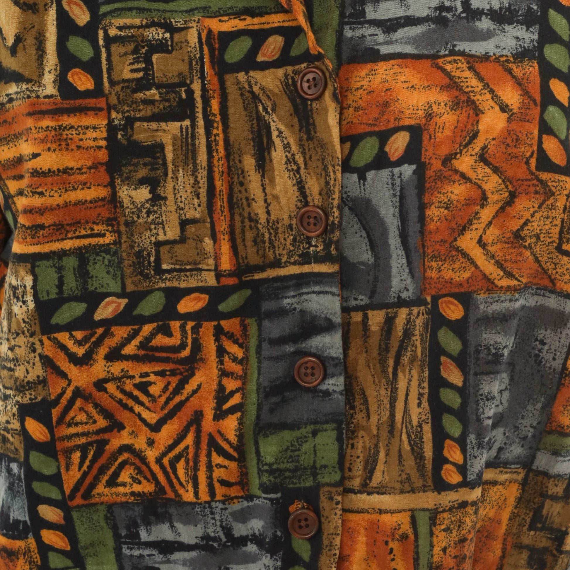 90s Tribal Patchwork Camp Collar Shirt Mustard Olive Slate Large L