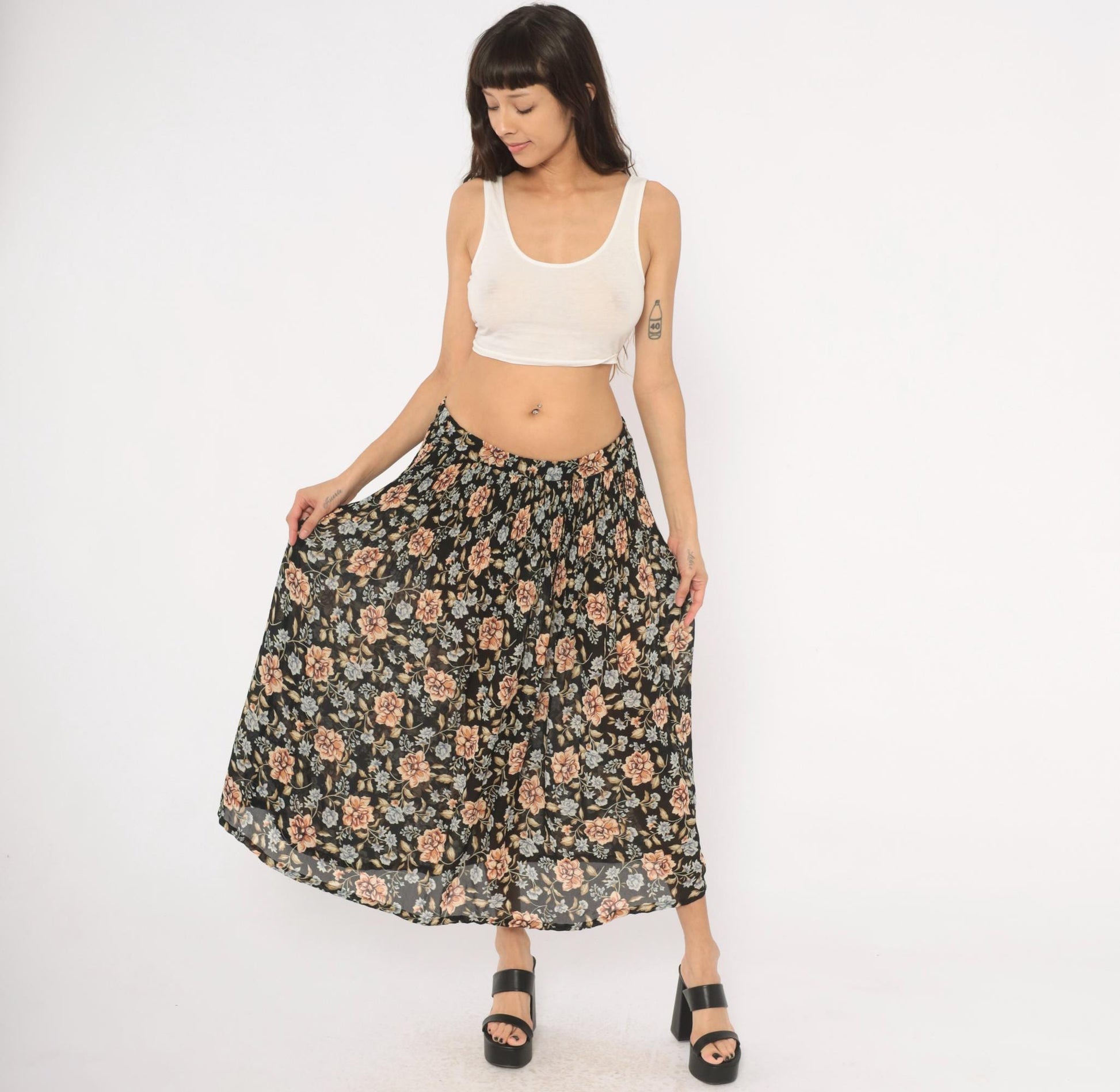 90s Sag Harbor Floral Maxi Skirt Black Peach Periwinkle Medium