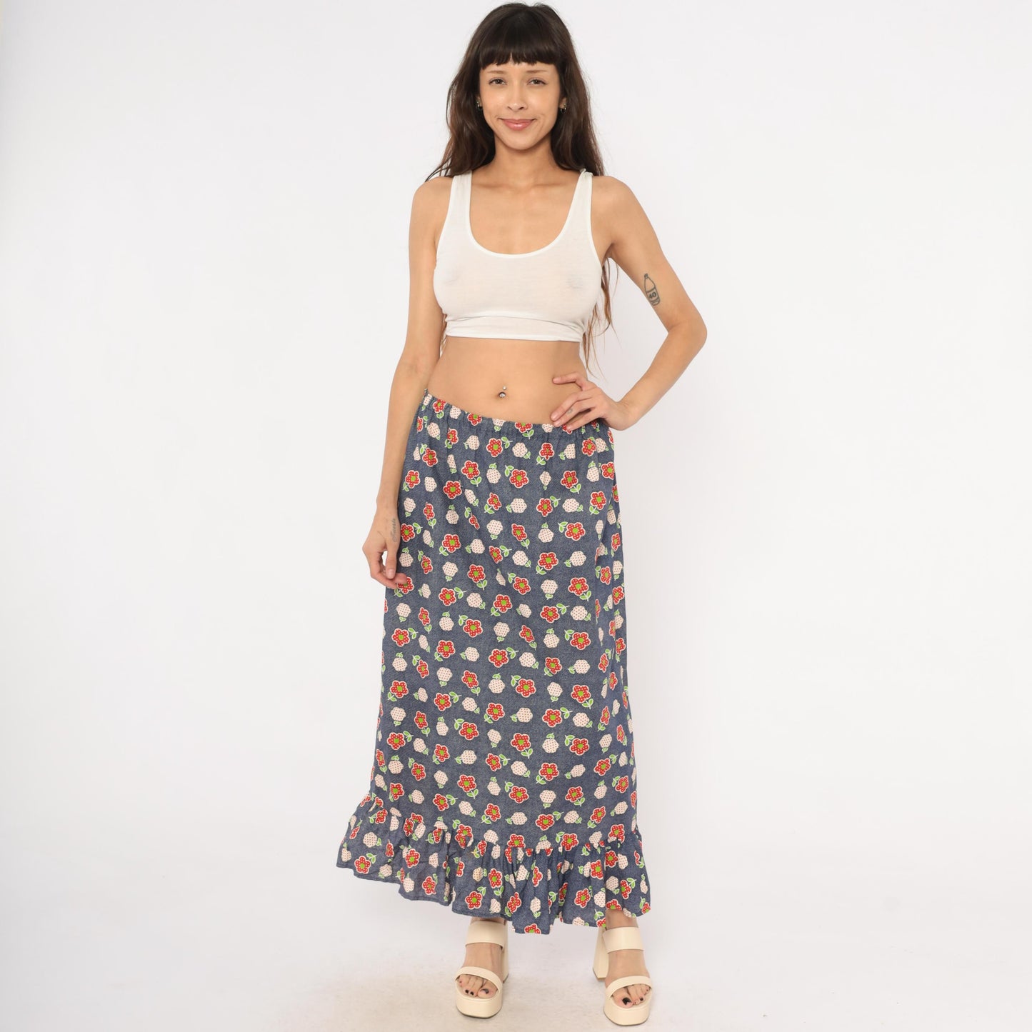 70s Navy Floral Maxi Skirt Strawberry Print Cotton Ruffle Hem Large L