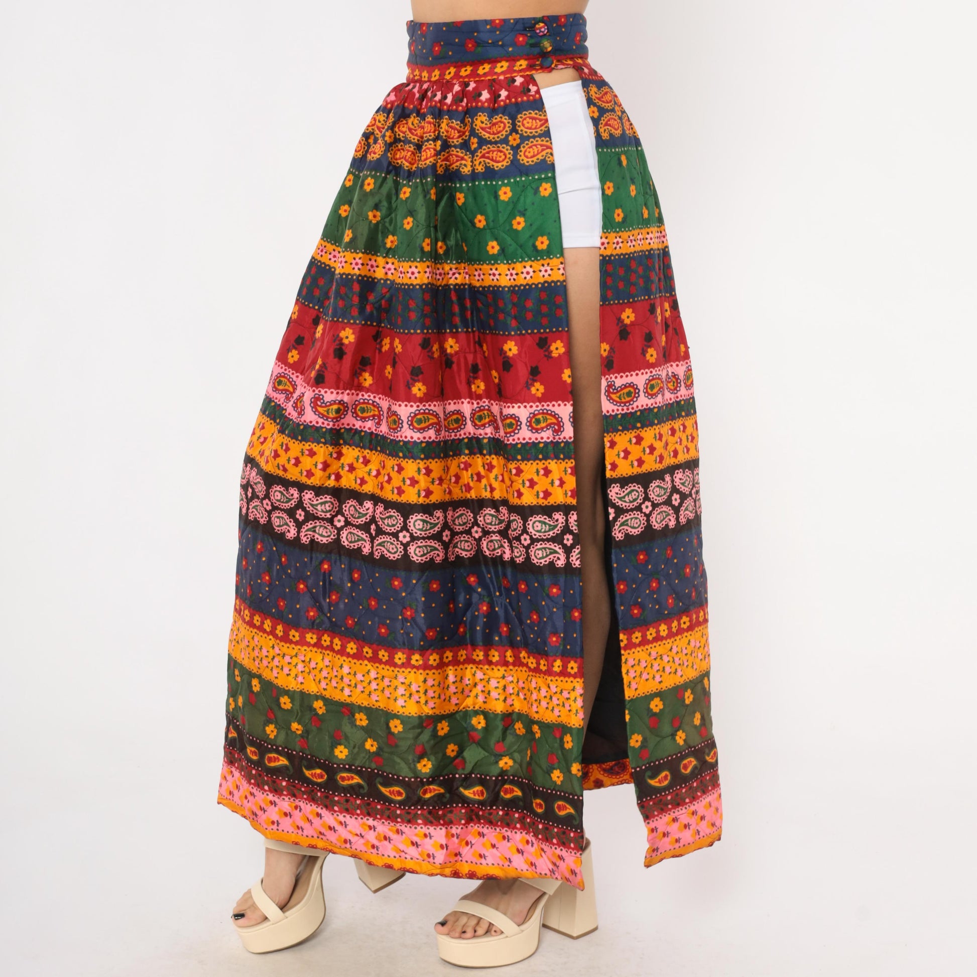 70s Best & Co. Paisley Floral Maxi Skirt Button Front High Waist Small