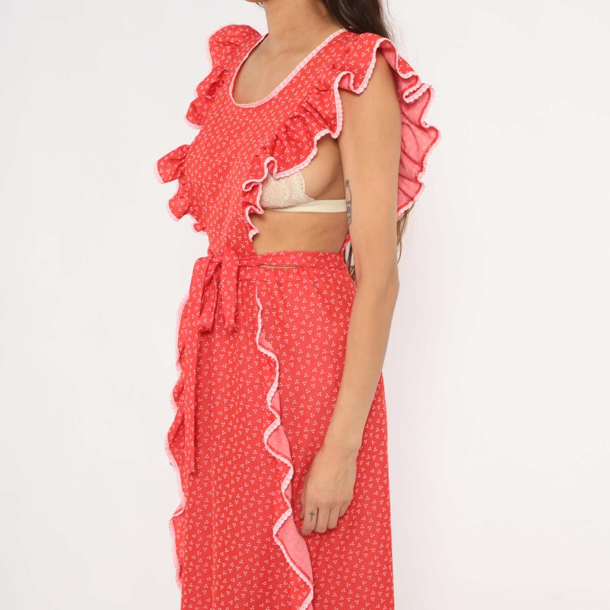 70s Gay Gibson Red Calico Maxi Dress Flutter Sleeve Lace Trim Small