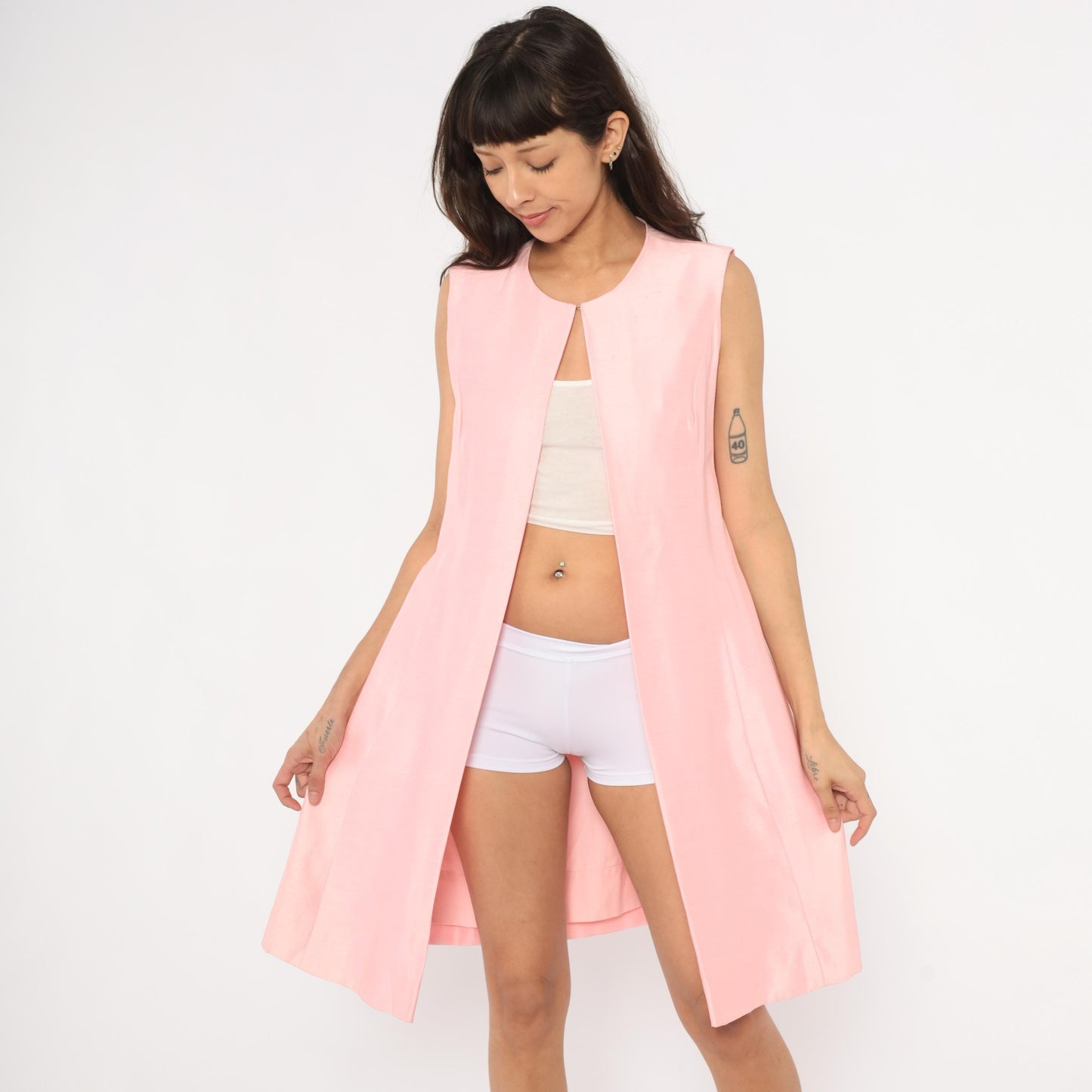 60s Pink Sleeveless Duster Vest Knee-Length Open Front Mod Small S