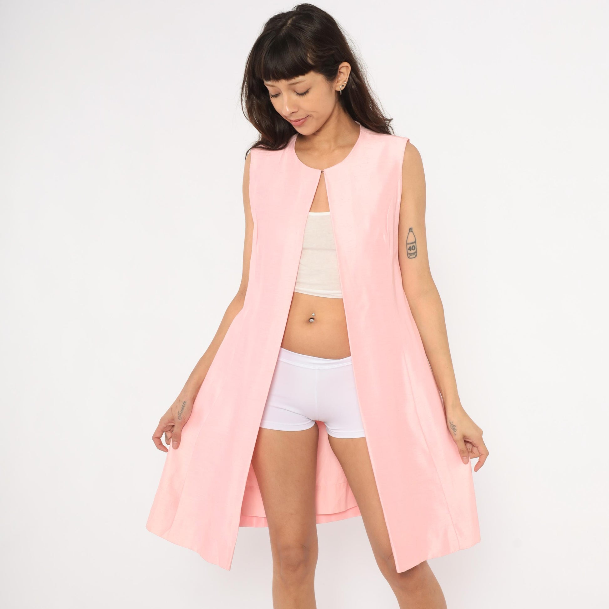 60s Pink Sleeveless Duster Vest Knee-Length Open Front Mod Small S