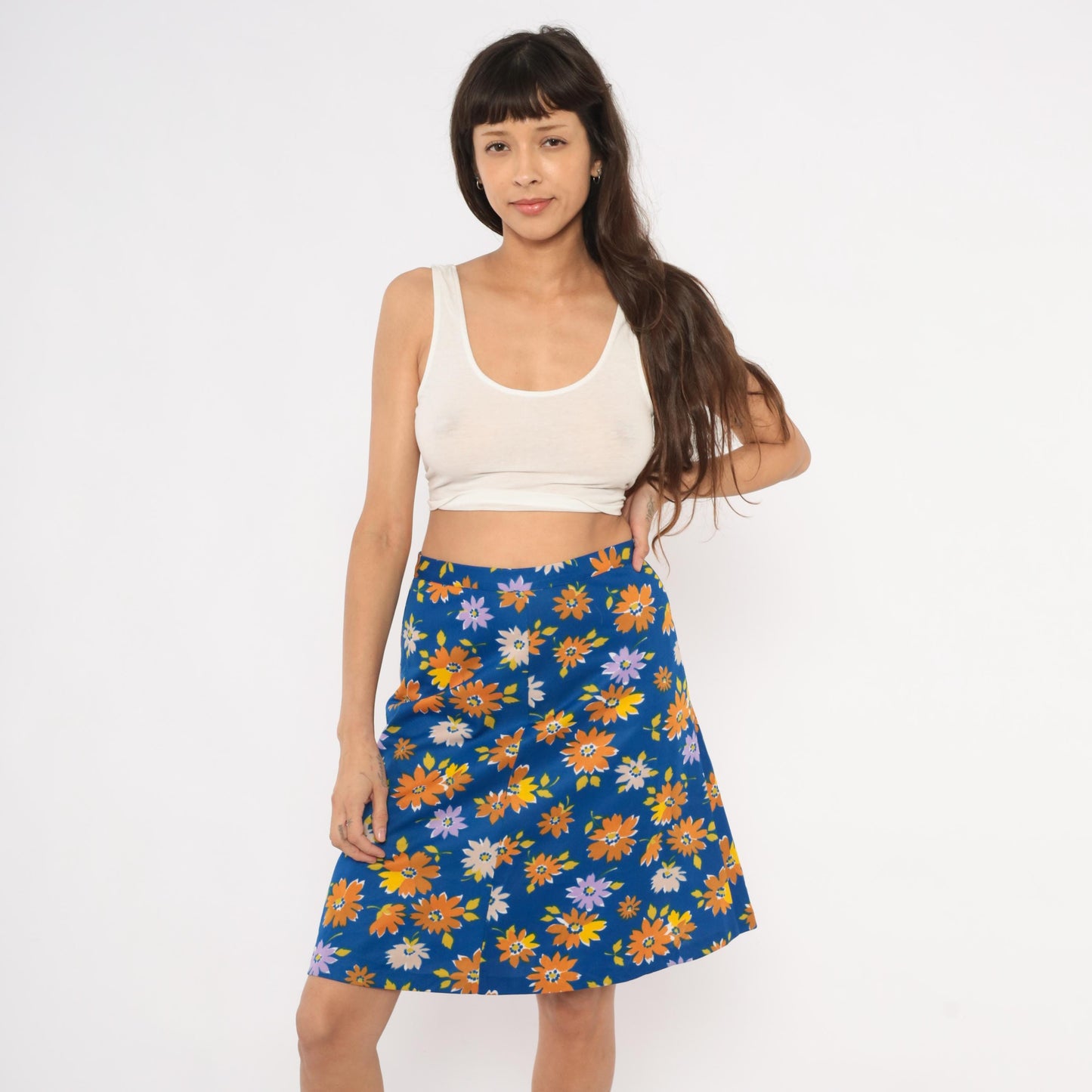 70s Cobalt Blue Daisy Print A-Line Mini Skirt Floral Small S
