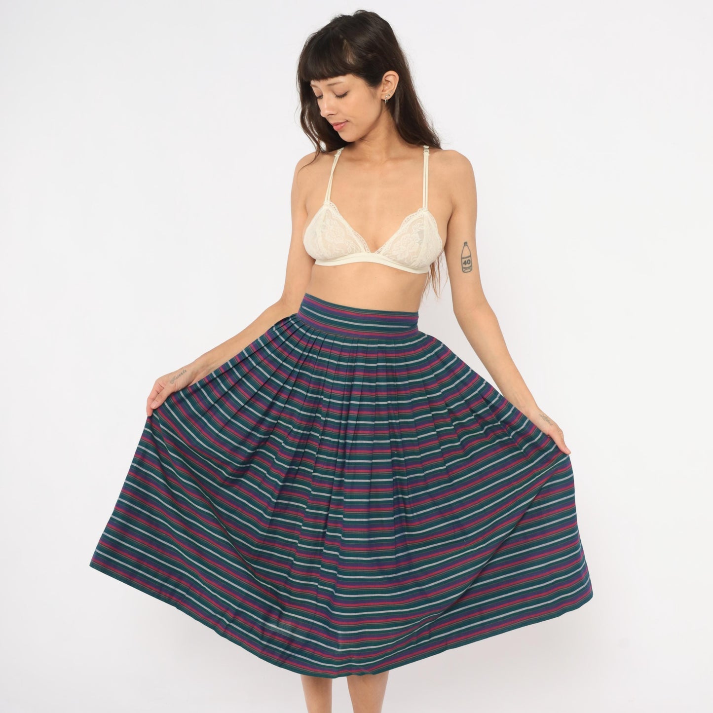 60s Striped Pleated Midi Skirt Teal Burgundy Navy High Waist Cotton Small
