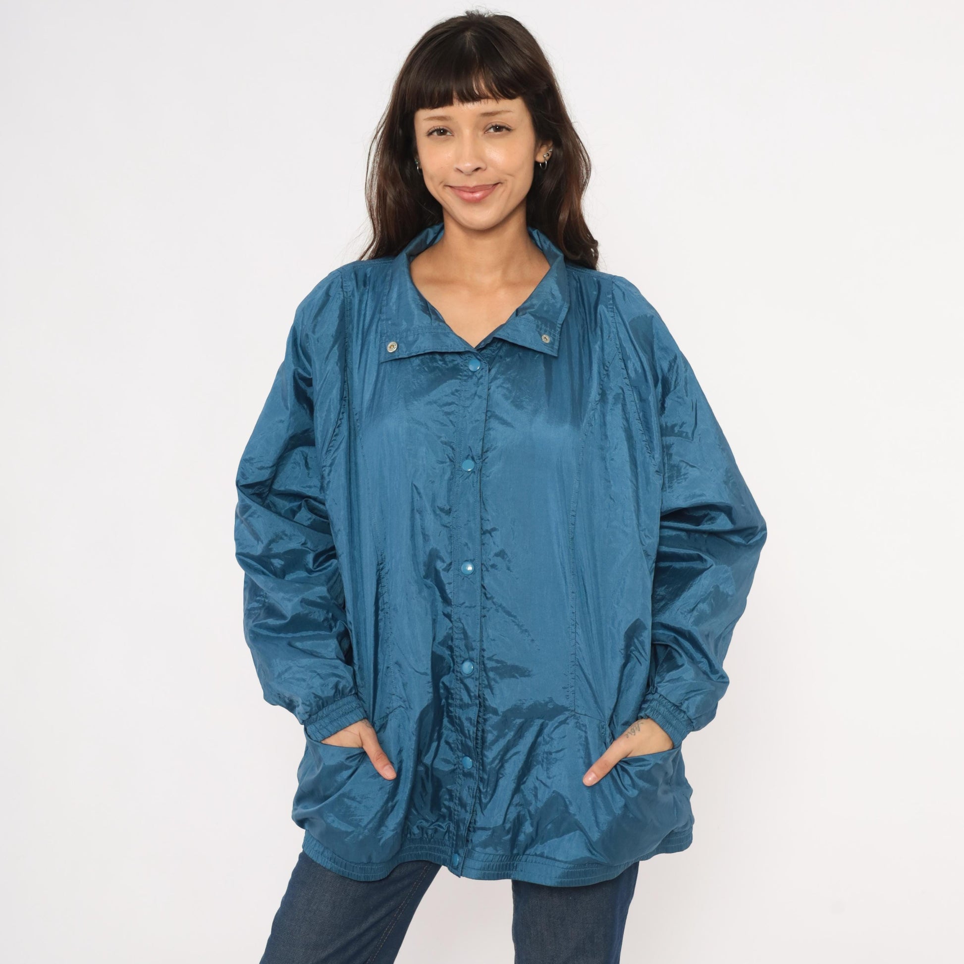 80s Tudor Court Windbreaker Jacket Steel Blue Nylon Coach Coat Large L
