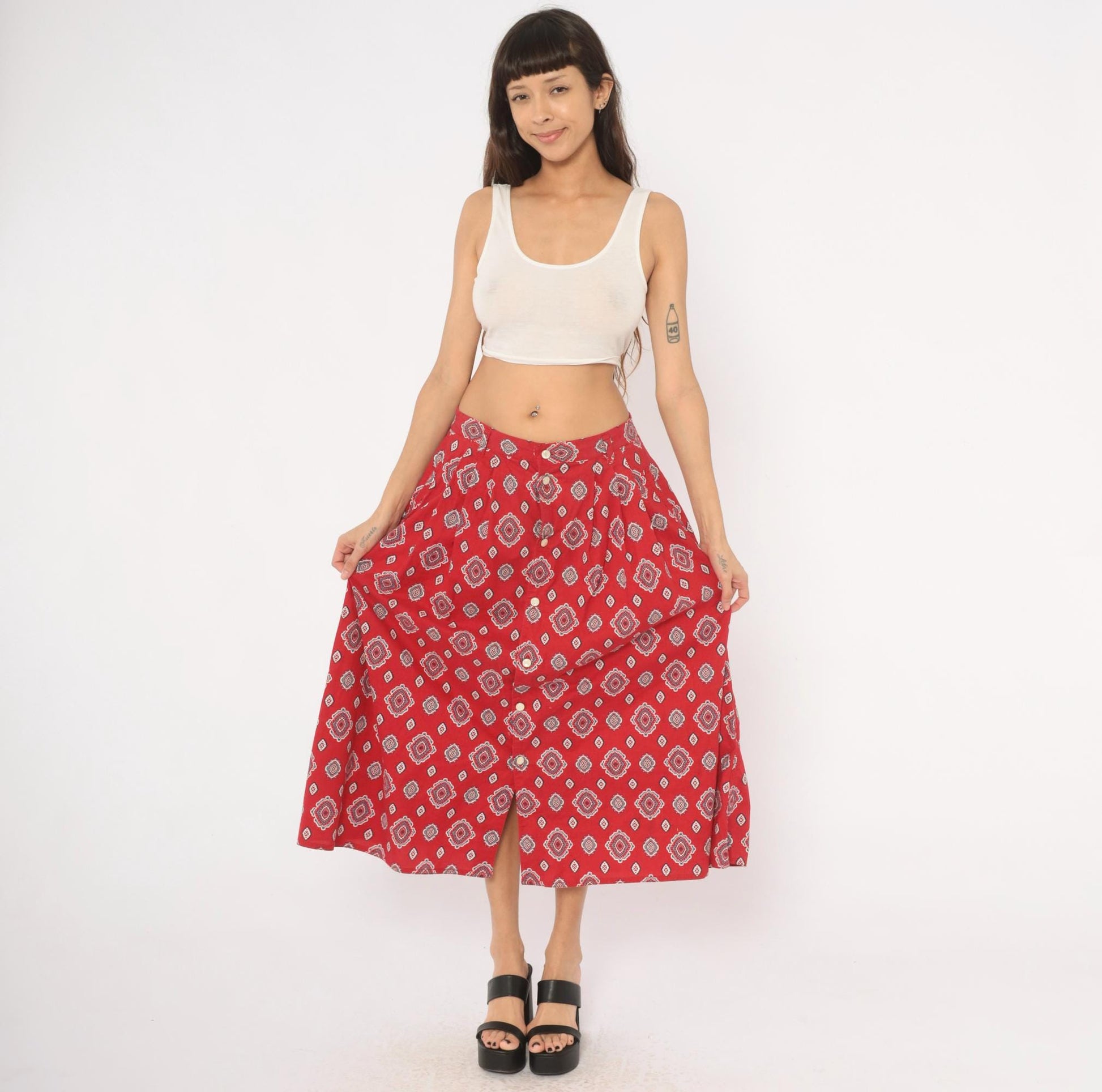 90s Liz Wear Southwestern Midi Skirt Red Medallion Print Cotton Large L