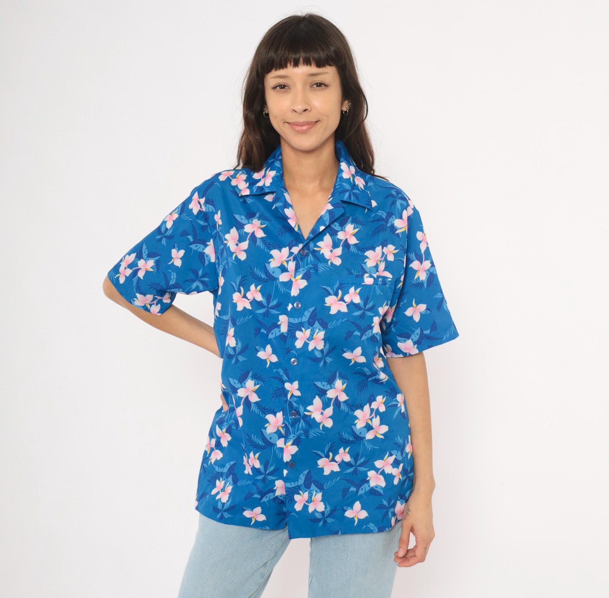 90s Hilo Hatties Hawaiian Shirt Blue Plumeria Floral Camp Collar Medium M