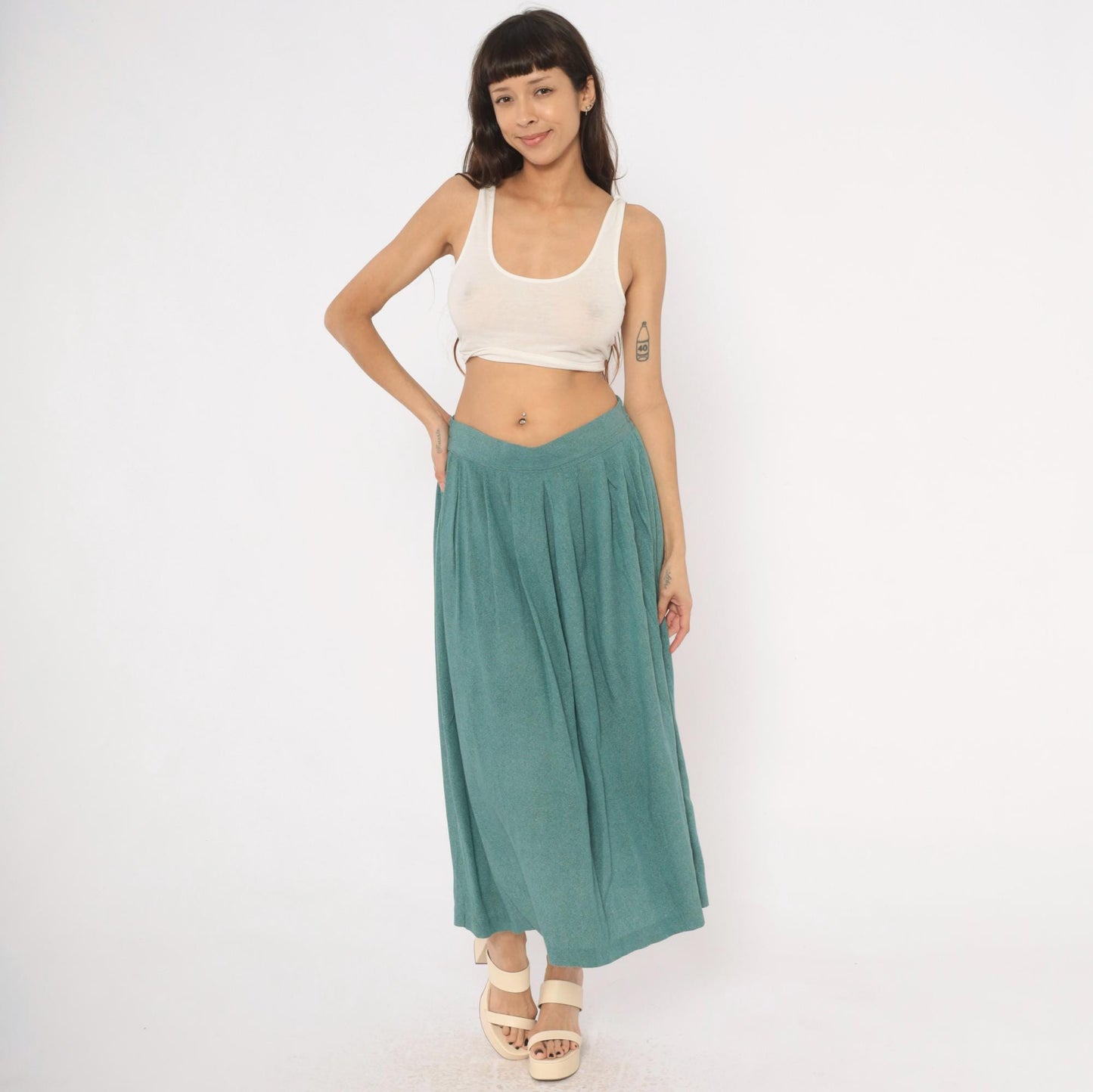 80s Norton Mcnaughton Teal Pleated Midi Skirt High Waist A-Line Medium