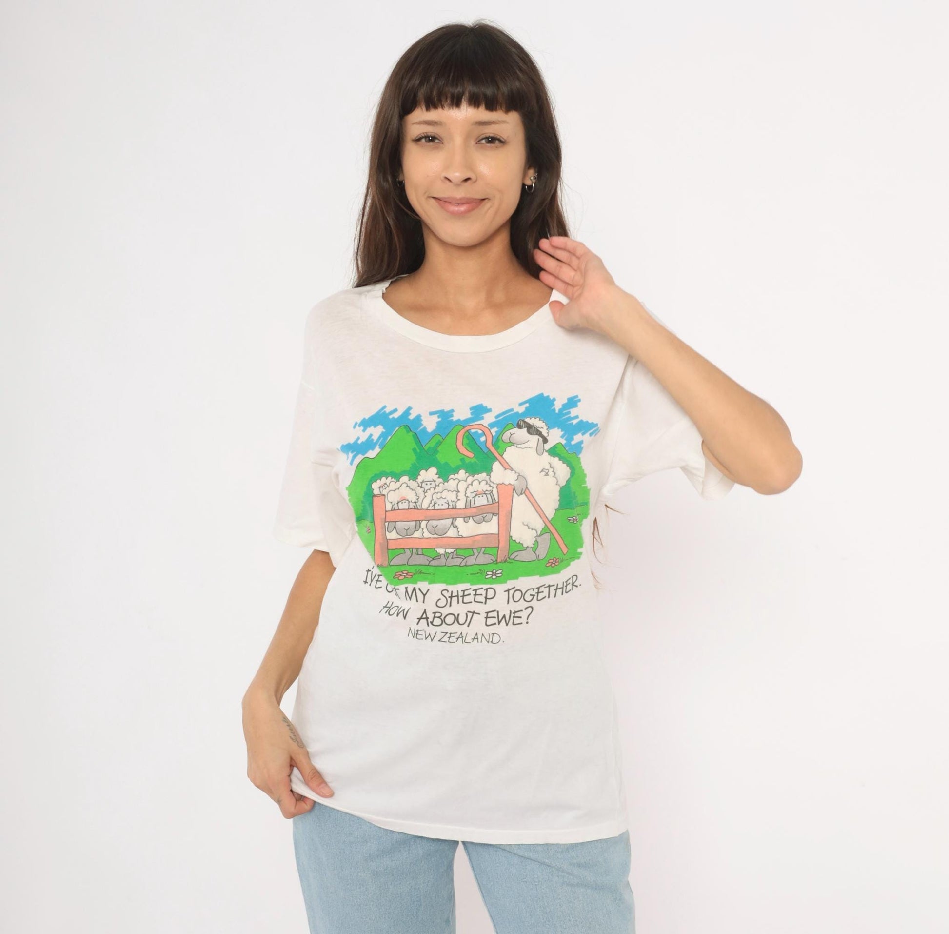 90s New Zealand Sheep Pun Graphic Tee White Cotton Scoop Neck Medium