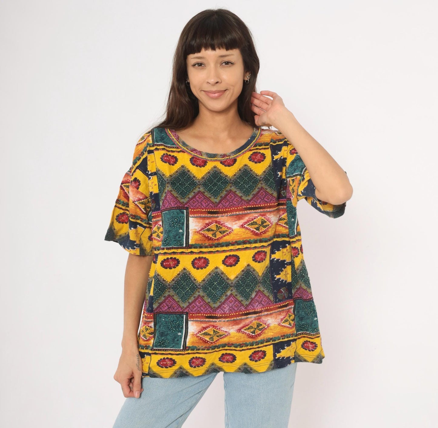 90s Gee J Southwestern Geometric Cotton Tee Multicolor Tribal Patchwork Large L