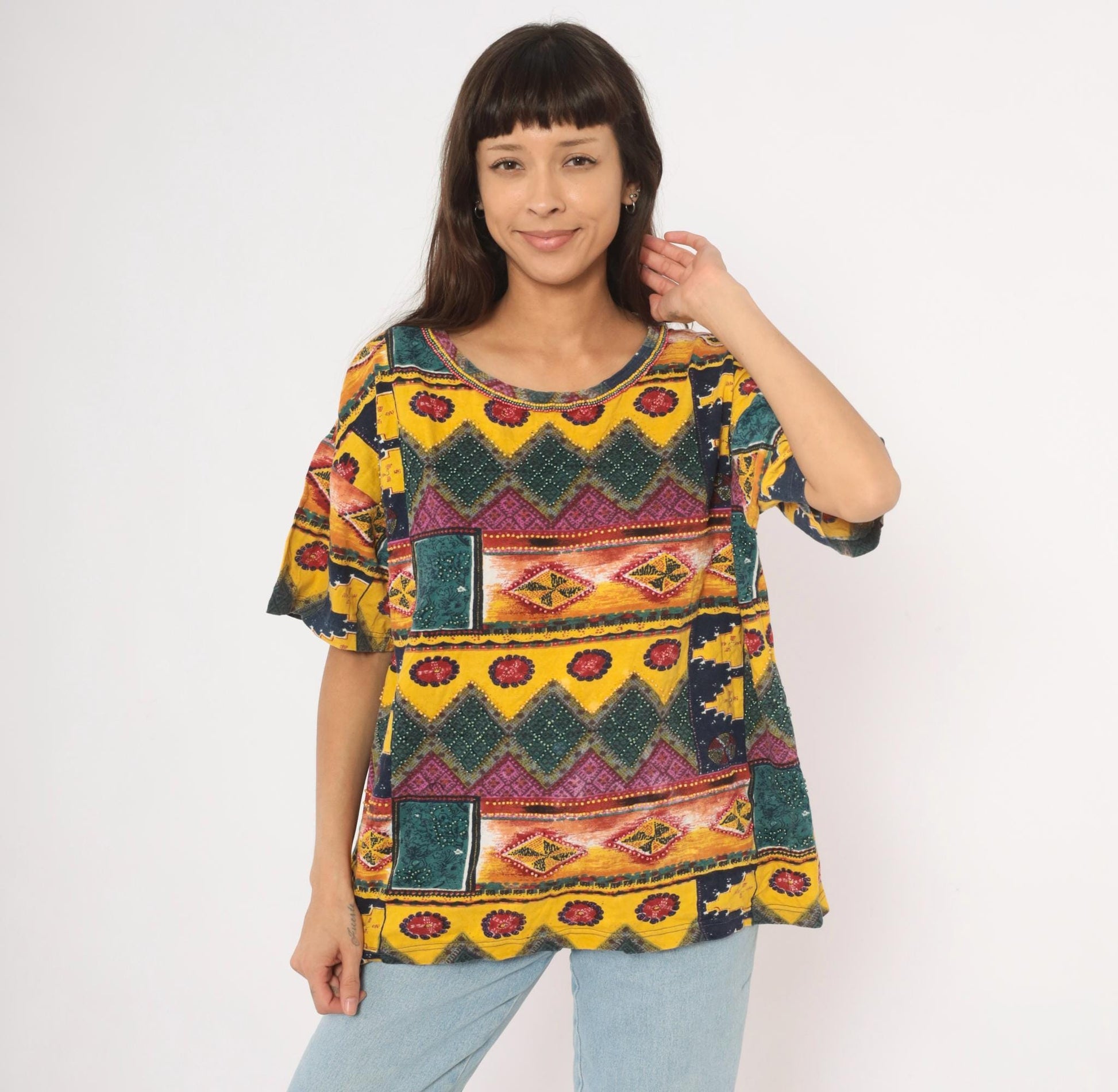 90s Gee J Southwestern Geometric Cotton Tee Multicolor Tribal Patchwork Large L
