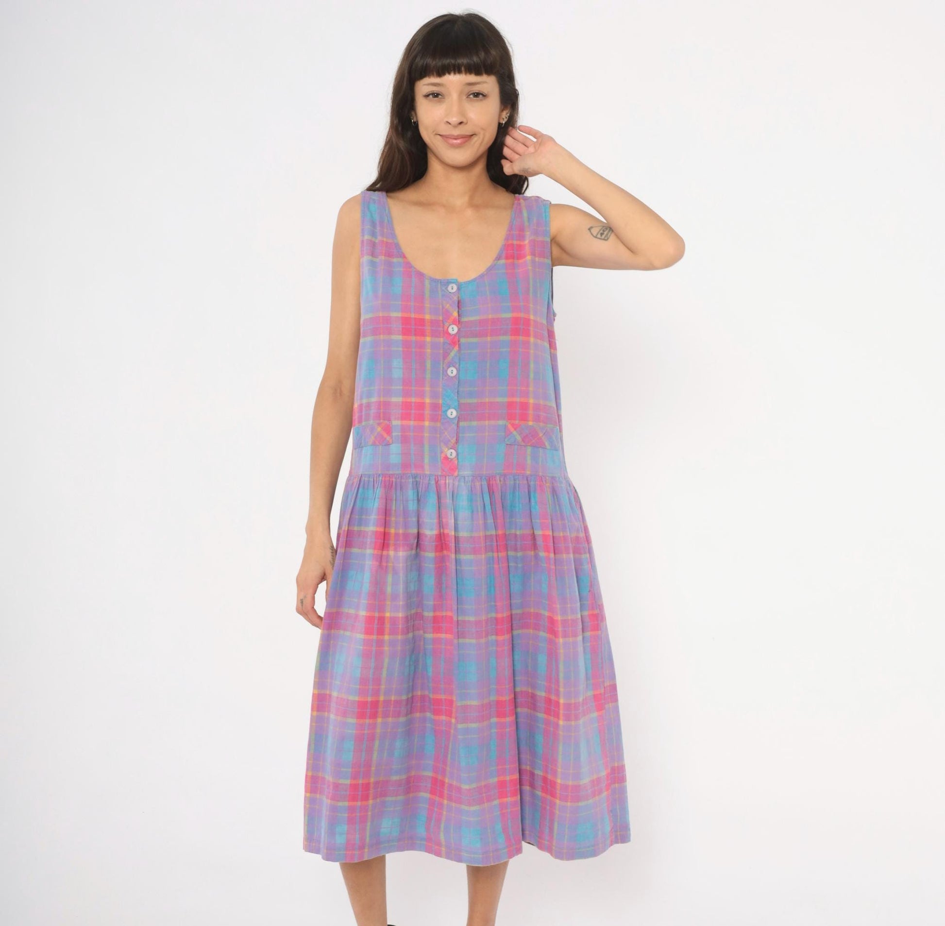 90s Victoria Plaid Cotton Midi Sundress Purple Pink Blue Large L